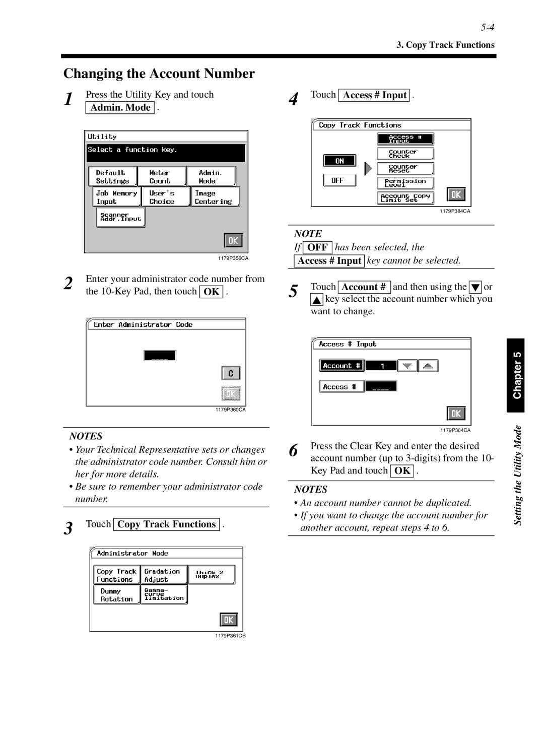 Minolta cf9001 Changing the Account Number, Account #, Press the Clear Key and enter the desired, Key Pad and touch OK 