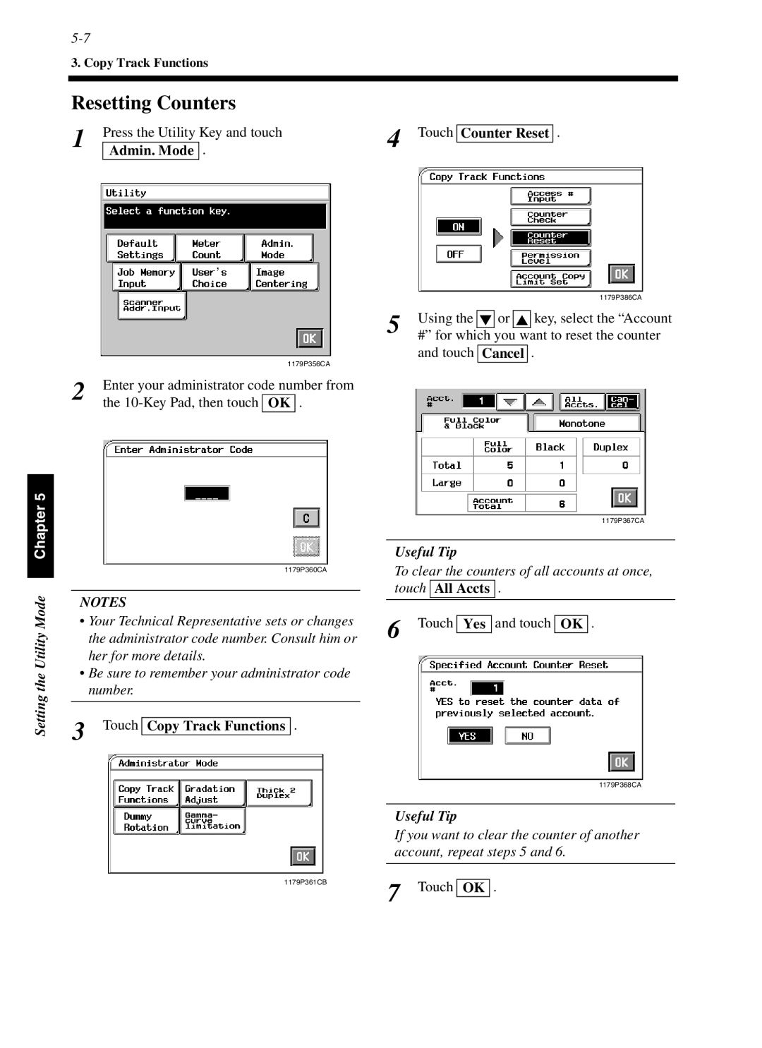 Minolta cf9001 manual Resetting Counters, Mode, Using, Touch Cancel, Touch Yes and touch OK 