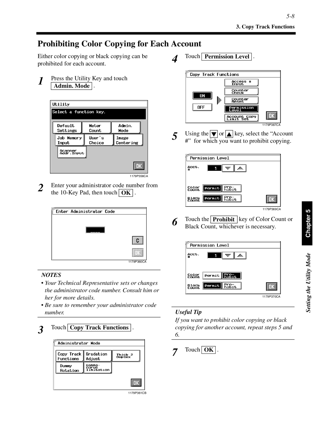 Minolta cf9001 manual Prohibiting Color Copying for Each Account, Press the Utility Key and touch Admin. Mode 