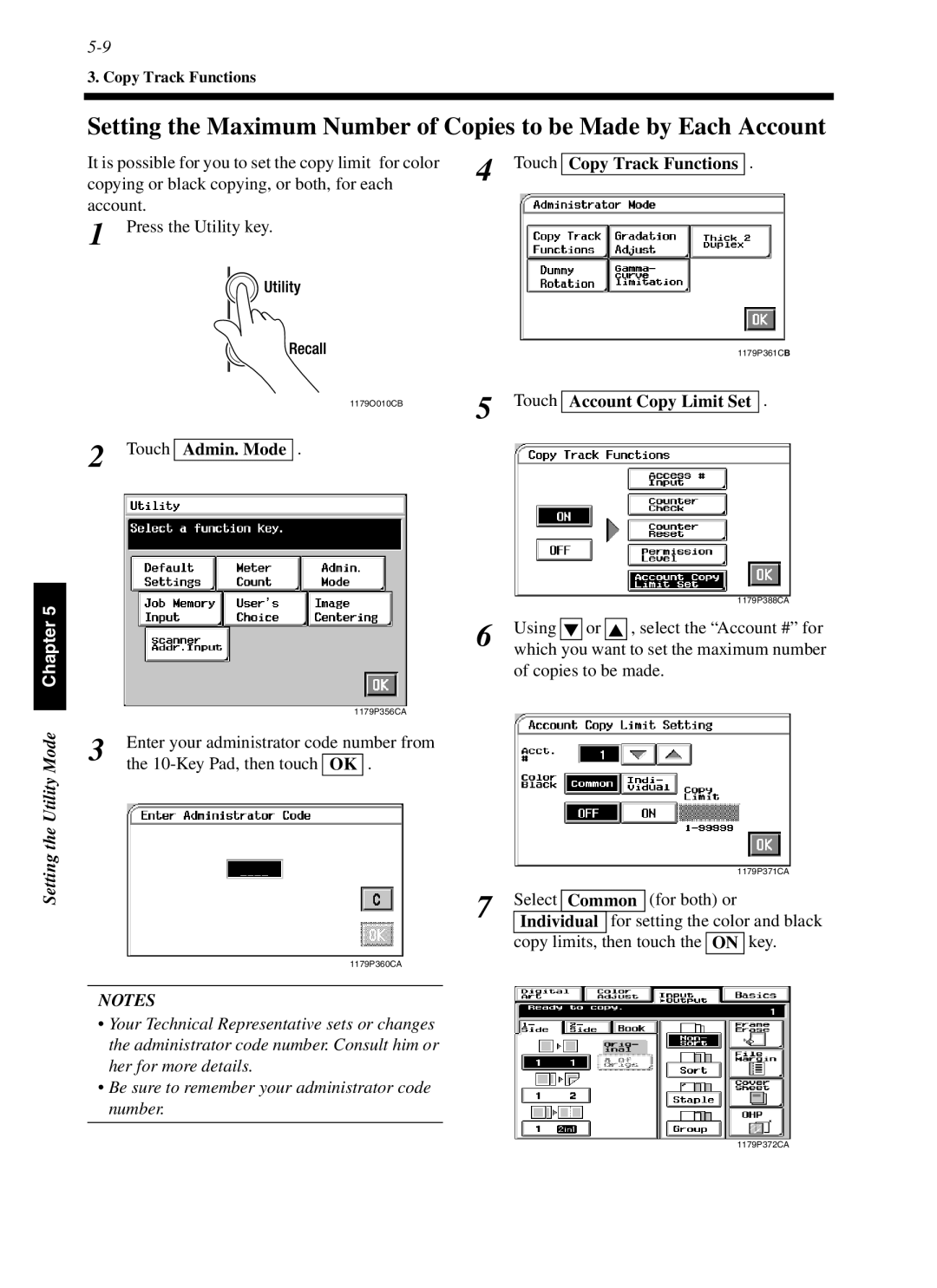 Minolta cf9001 manual Touch Admin. Mode, Touch Account Copy Limit Set, Select For both or, Copy limits 