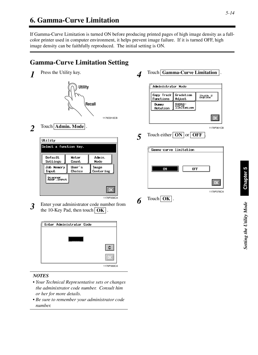 Minolta cf9001 manual Gamma-Curve Limitation Setting, Press the Utility key Touch, TheSetting ModeUtility 