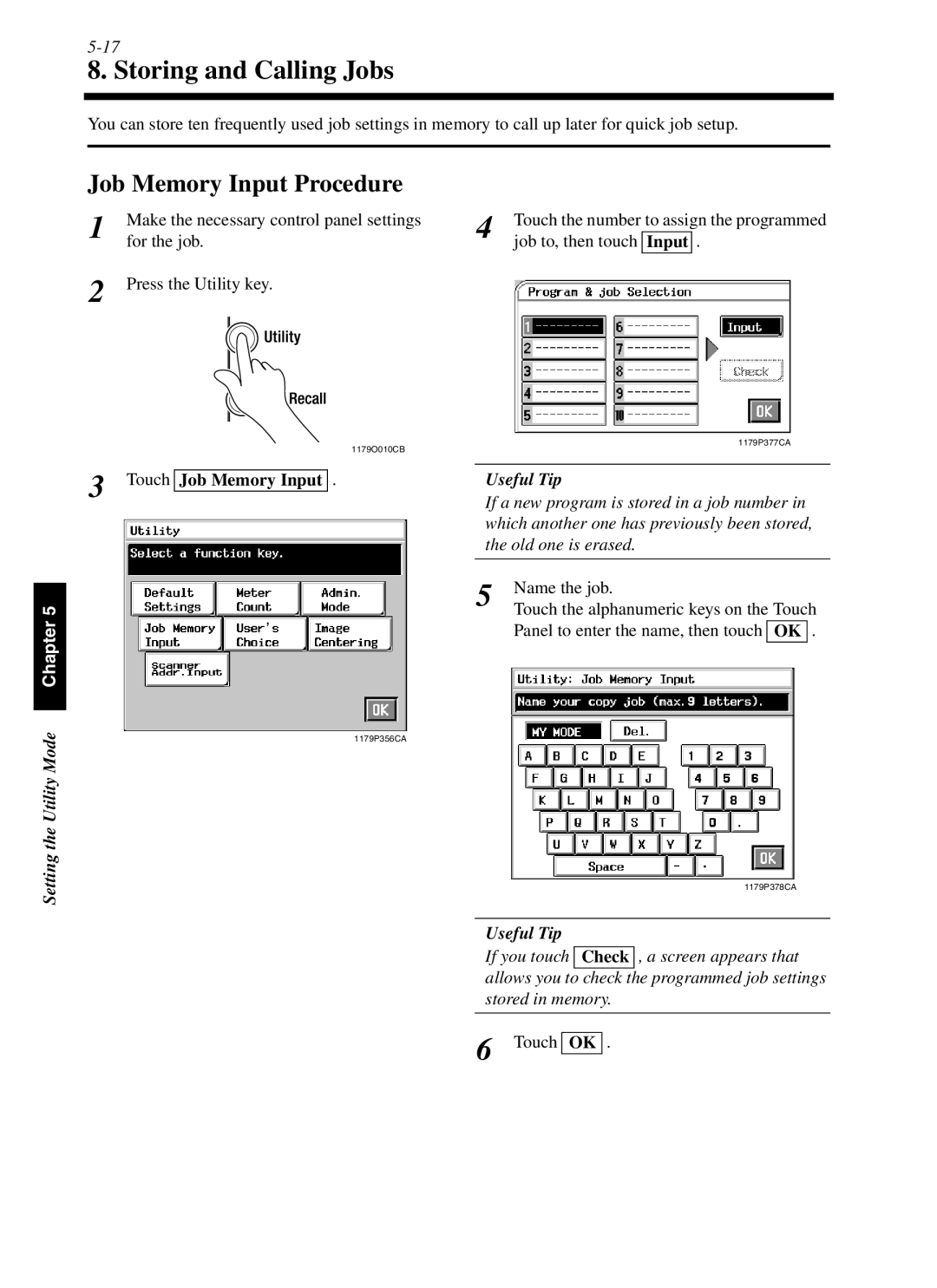 Minolta cf9001 manual Storing and Calling Jobs, Job Memory Input Procedure, Touch Job Memory Input 