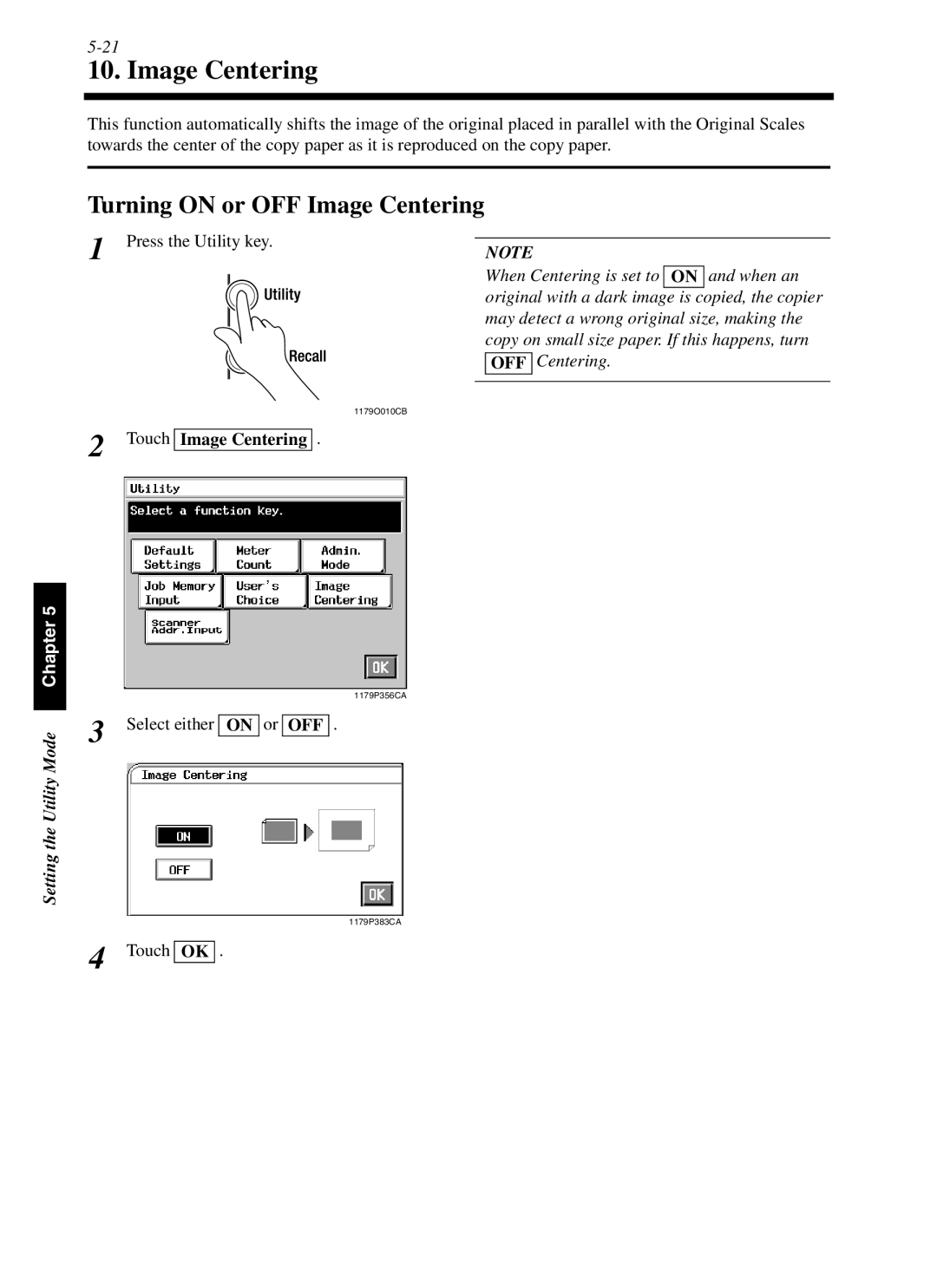 Minolta cf9001 manual Turning on or OFF Image Centering, Touch Image Centering, Select either on or OFF 