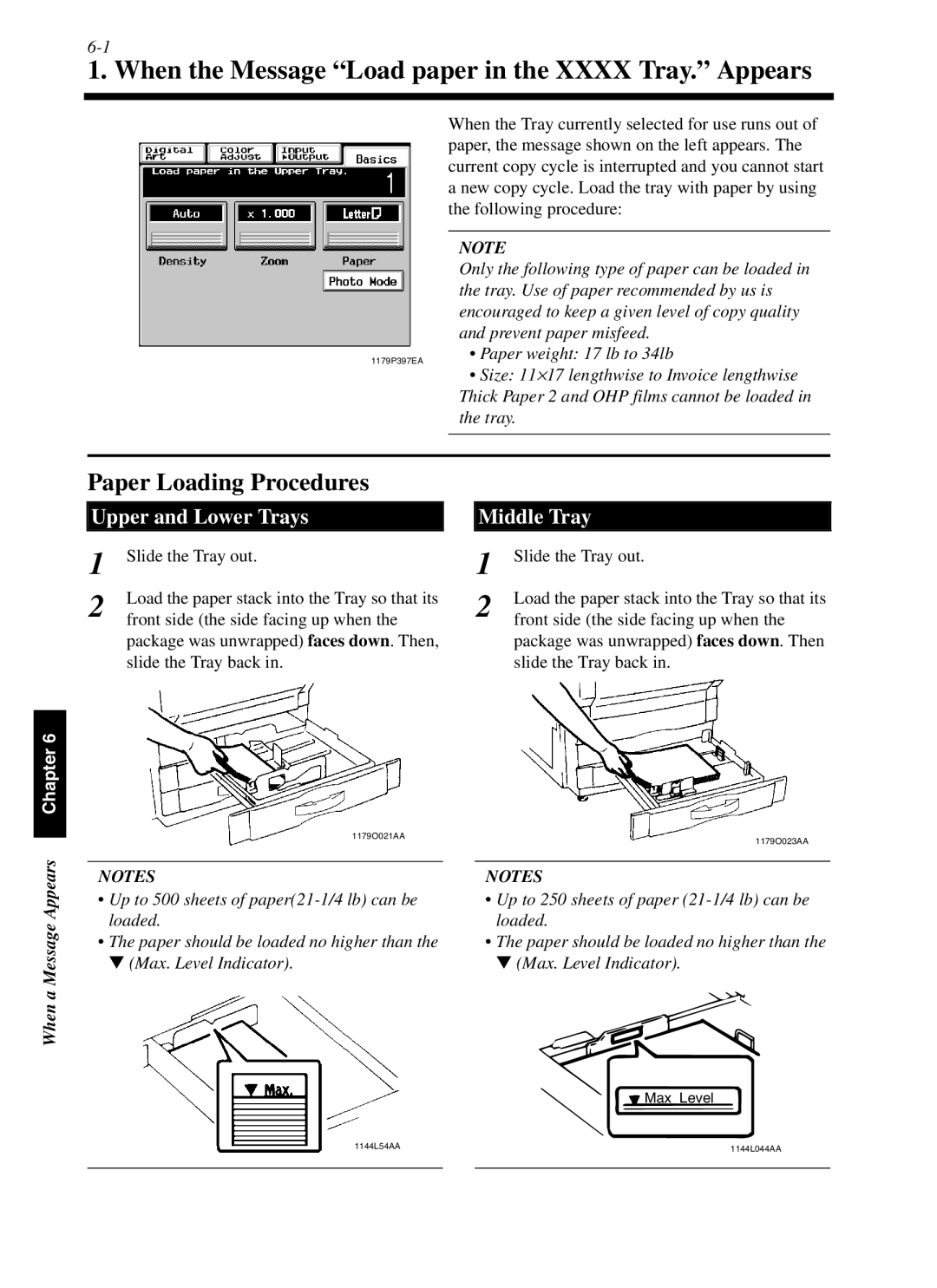 Minolta cf9001 When the Message Load paper in the Xxxx Tray. Appears, Paper Loading Procedures, Upper and Lower Trays 