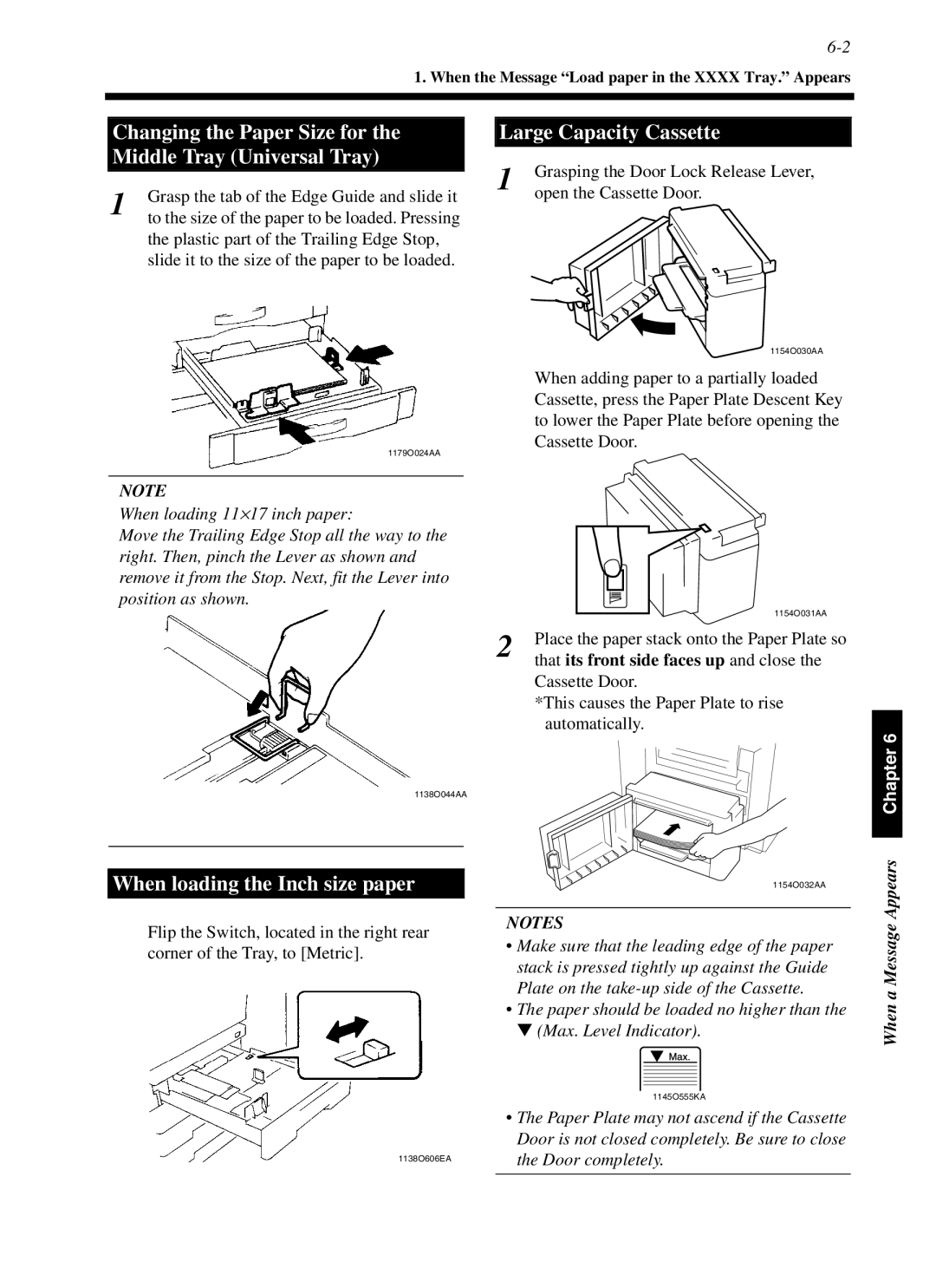 Minolta cf9001 manual Changing the Paper Size for the Middle Tray Universal Tray, When loading the Inch size paper 