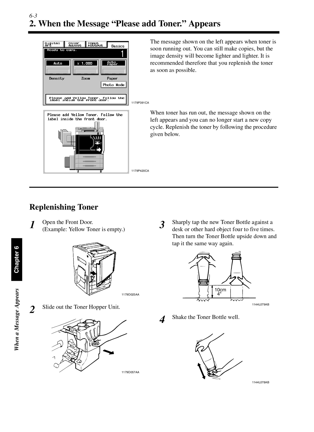 Minolta cf9001 manual When the Message Please add Toner. Appears, Replenishing Toner, Open the Front Door 