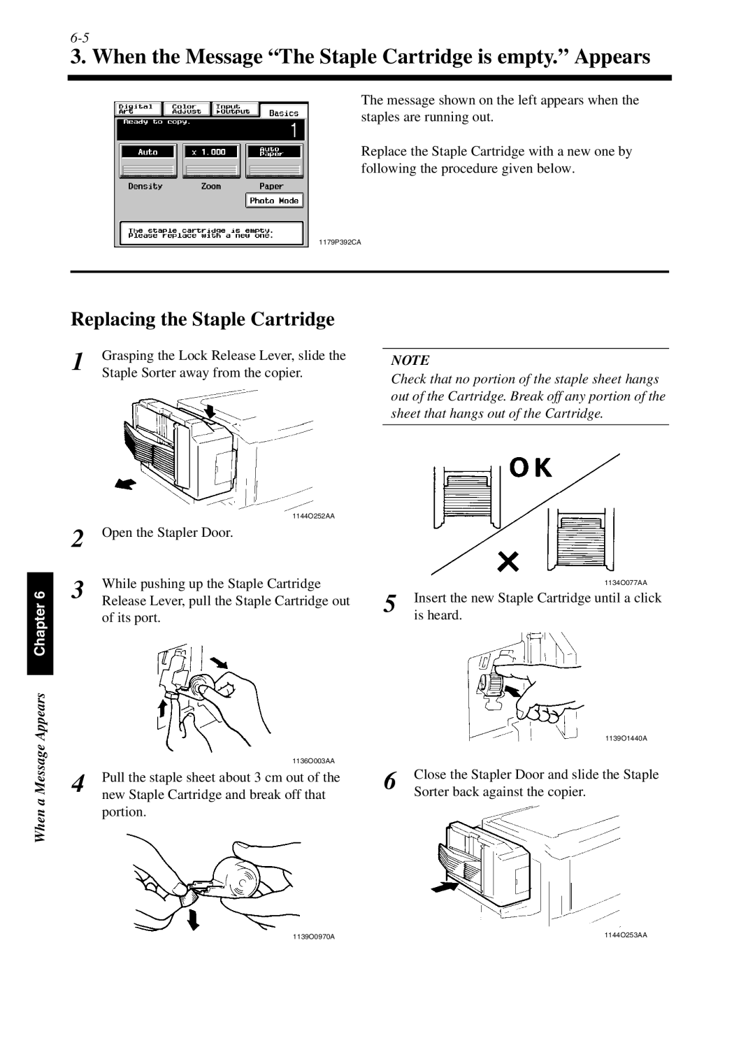 Minolta cf9001 manual When the Message The Staple Cartridge is empty. Appears, Replacing the Staple Cartridge, Is heard 