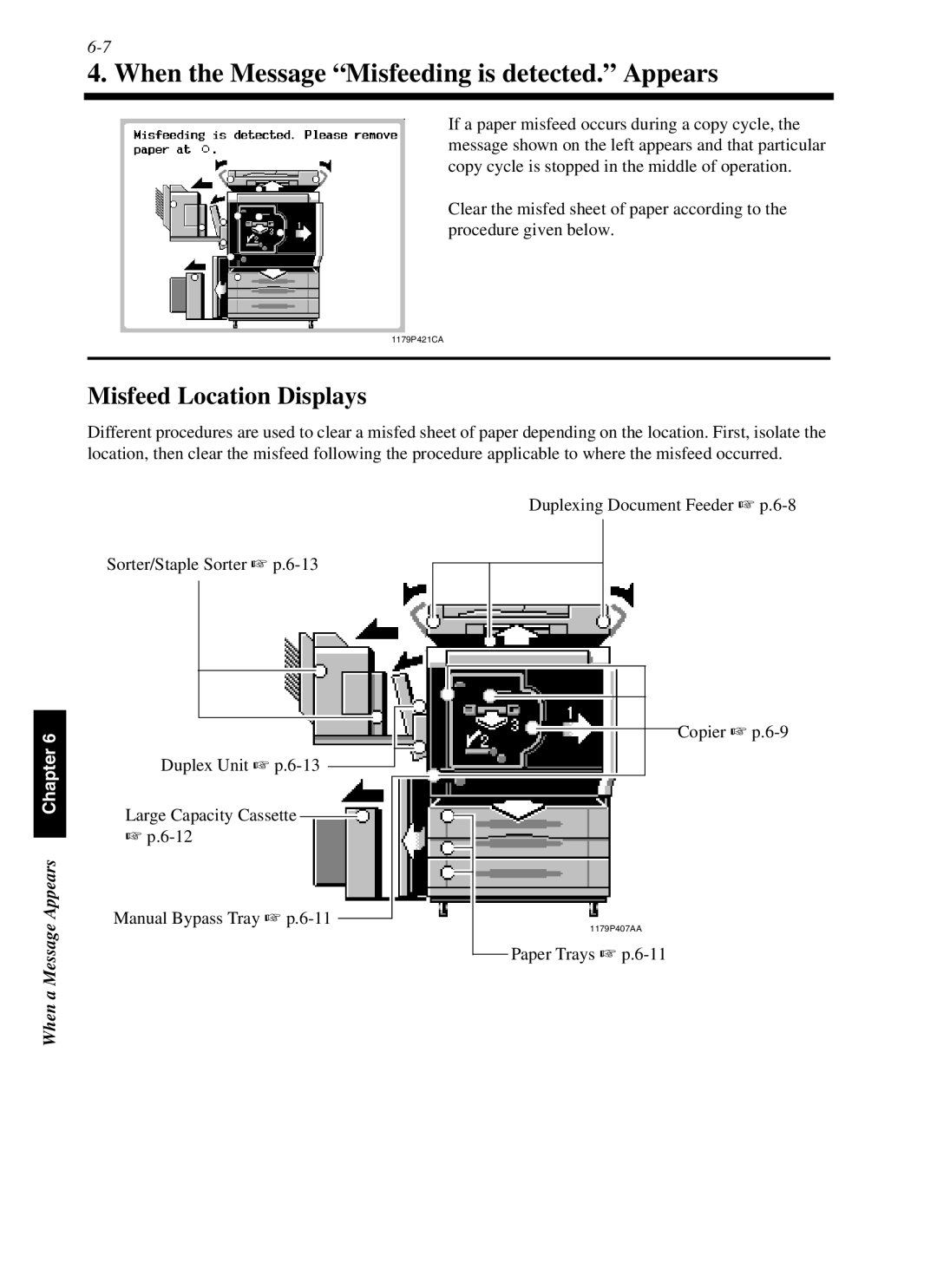 Minolta cf9001 manual When the Message Misfeeding is detected. Appears, Misfeed Location Displays, Paper Trays p.6-11 