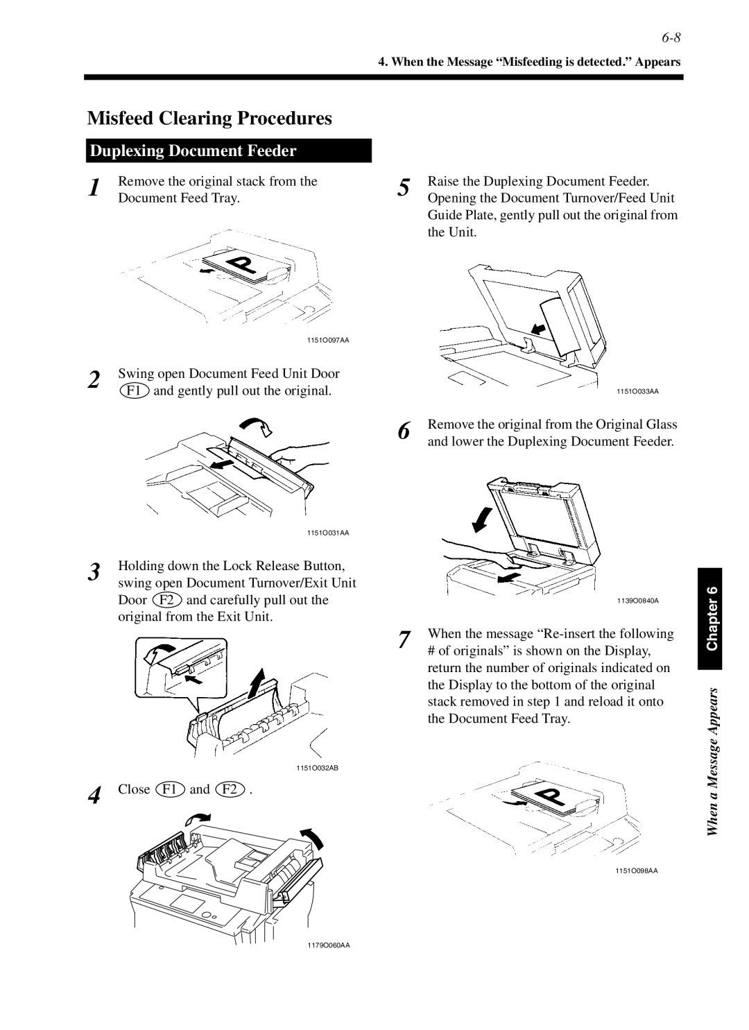 Minolta cf9001 Misfeed Clearing Procedures, Raise the Duplexing Document Feeder, Holding down the Lock Release Button 