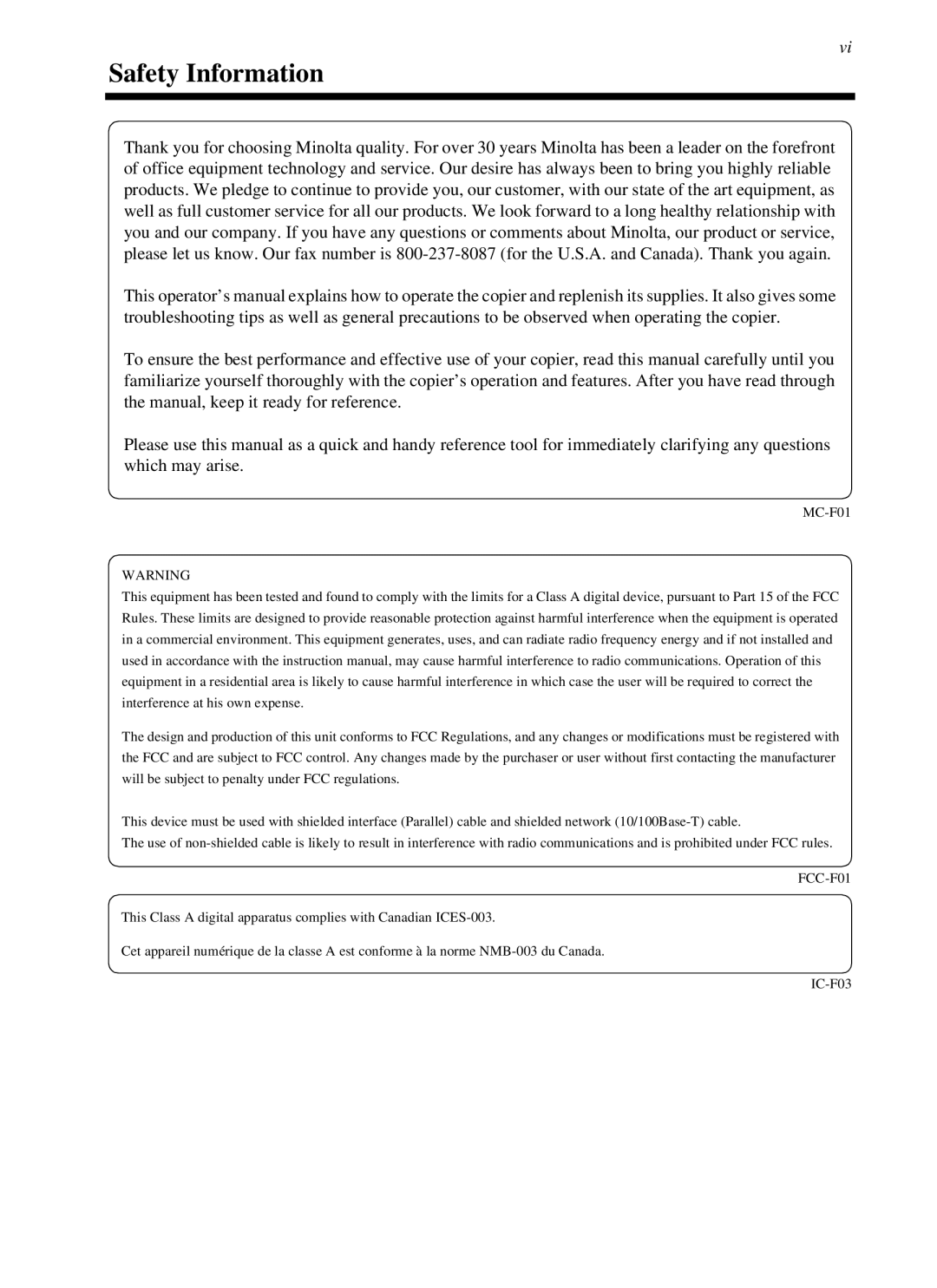 Minolta cf9001 manual Safety Information, FCC-F01 