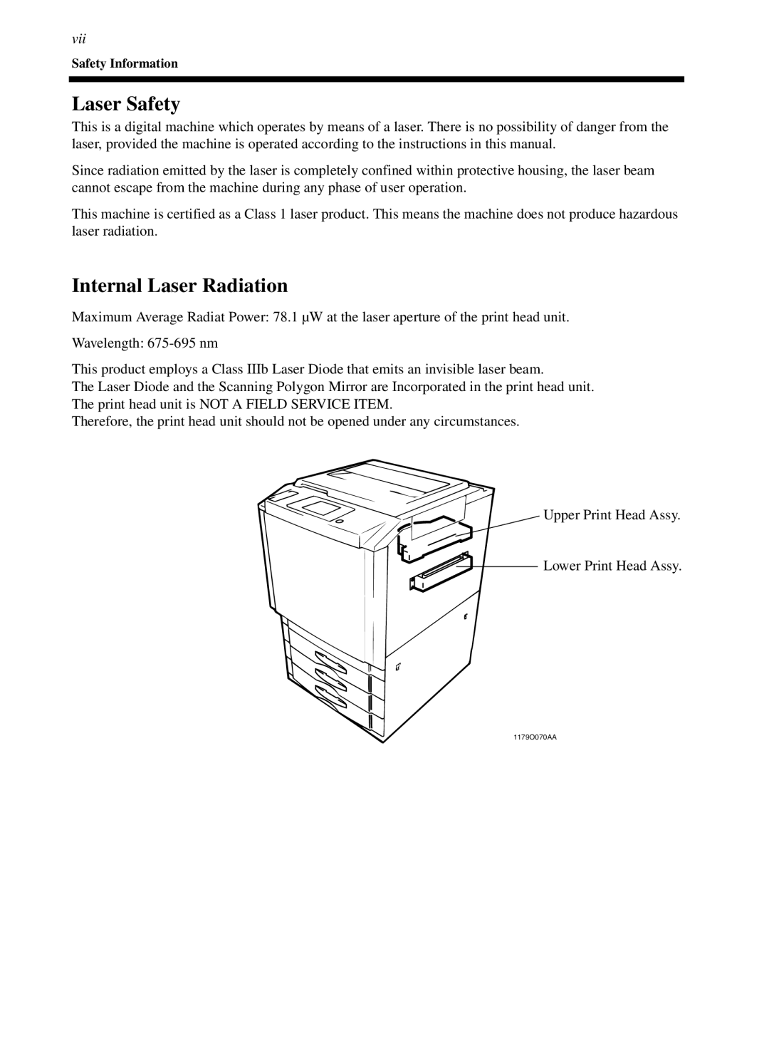 Minolta cf9001 manual Laser Safety, Internal Laser Radiation 