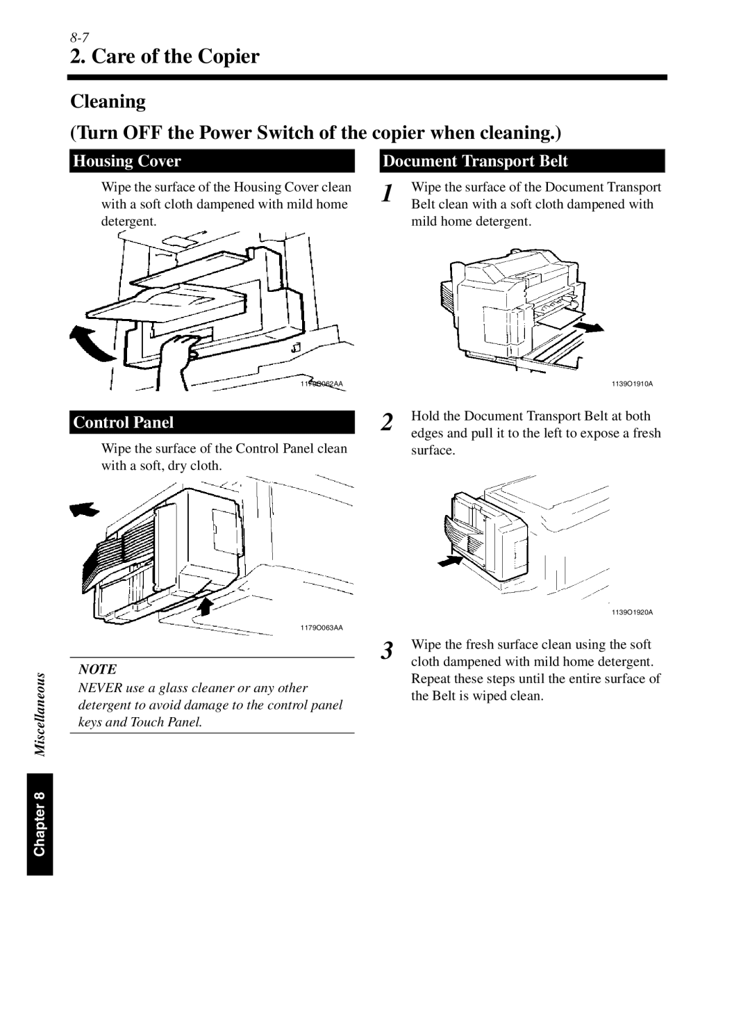 Minolta cf9001 Care of the Copier, Housing Cover Document Transport Belt, Control Panel, Mild home detergent, Surface 