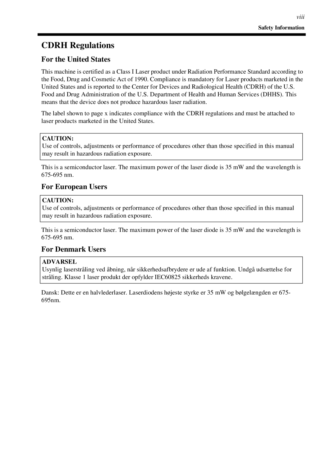 Minolta cf9001 manual Cdrh Regulations, For the United States 