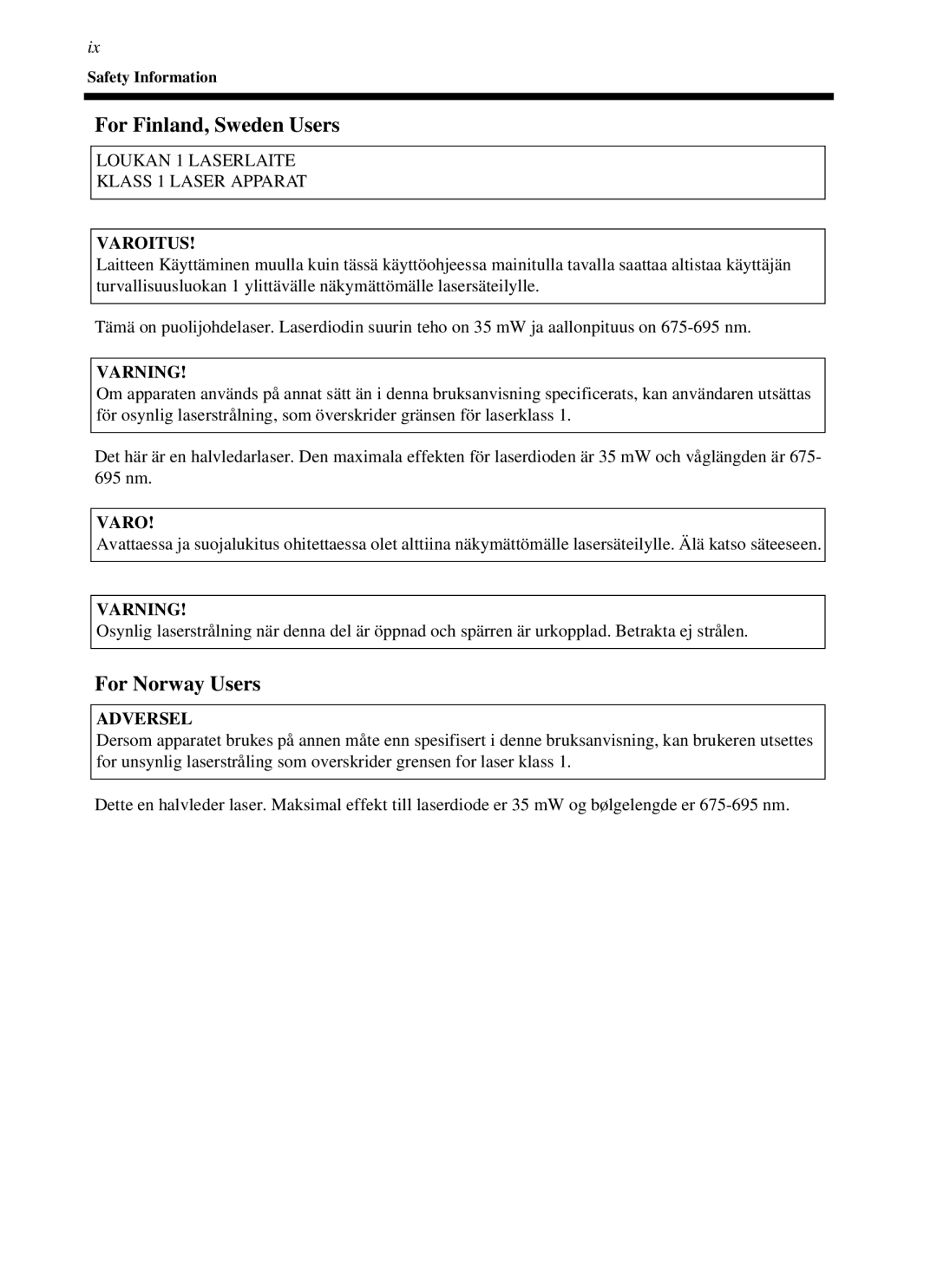 Minolta cf9001 manual For Finland, Sweden Users 