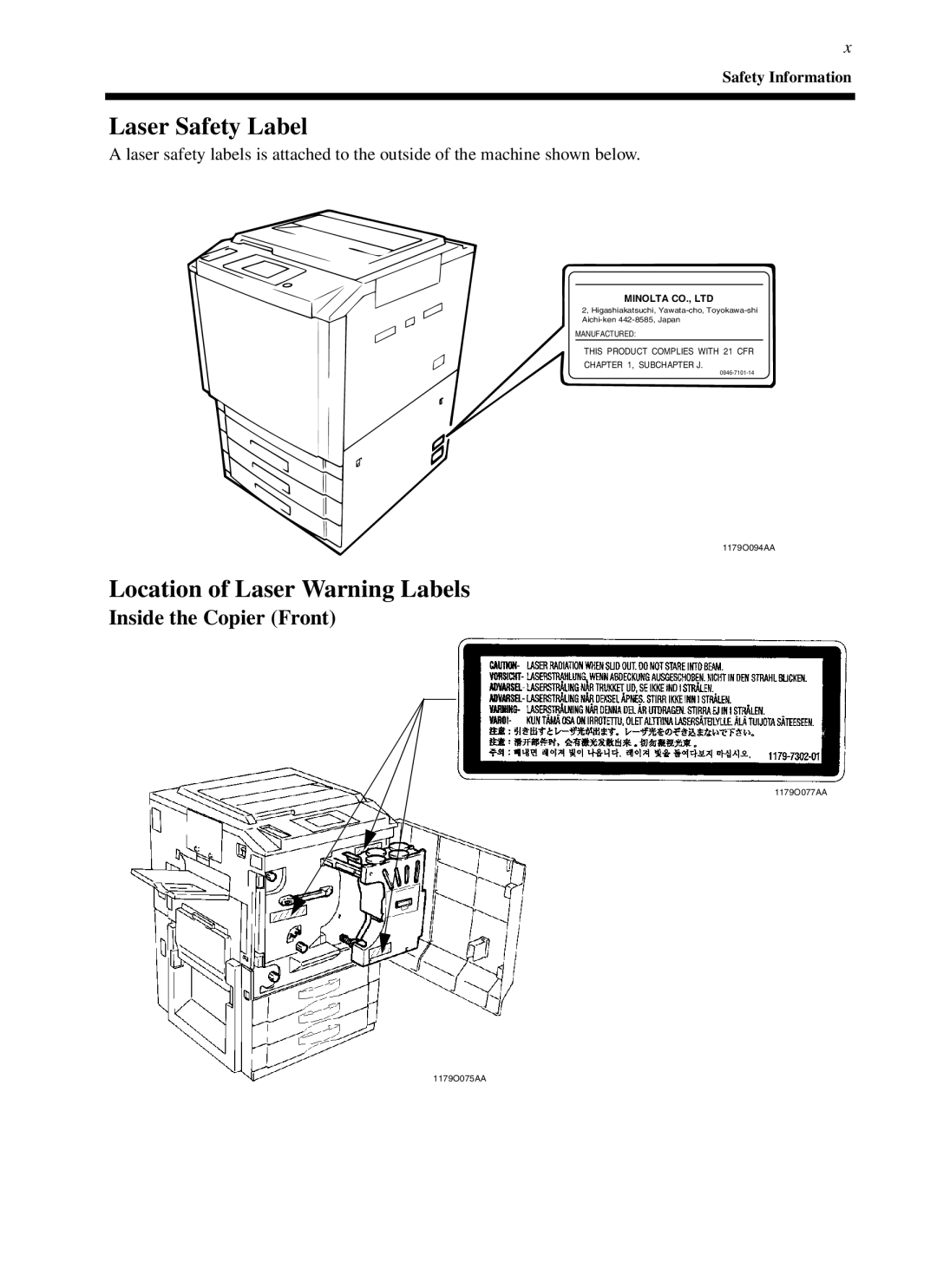 Minolta cf9001 manual Laser Safety Label, Location of Laser Warning Labels 