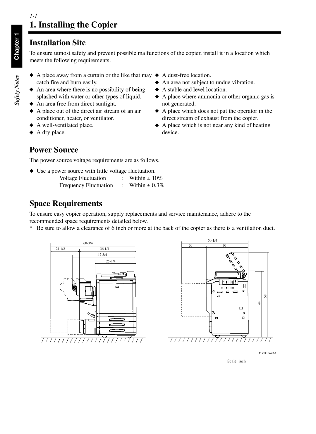 Minolta cf9001 manual Installing the Copier, Installation Site, Power Source, Space Requirements, Safety Notes 