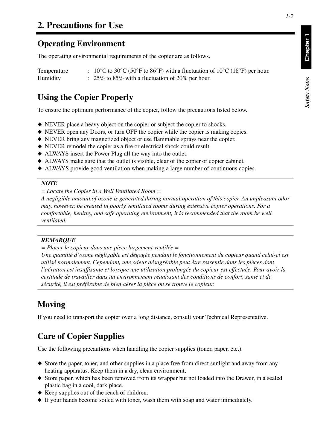 Minolta cf9001 Precautions for Use, Operating Environment, Using the Copier Properly, Moving, Care of Copier Supplies 