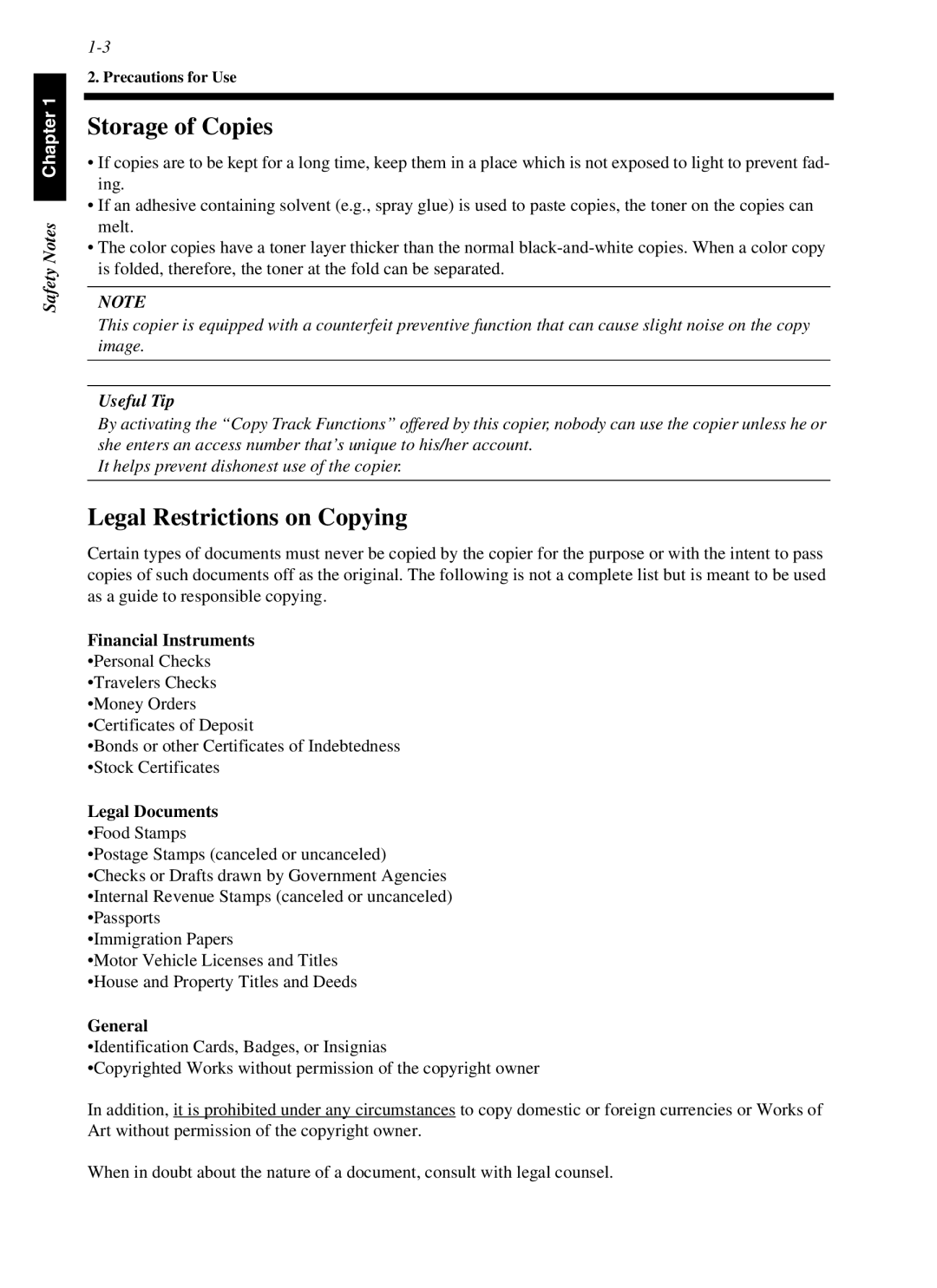 Minolta cf9001 manual Storage of Copies, Legal Restrictions on Copying, Useful Tip 