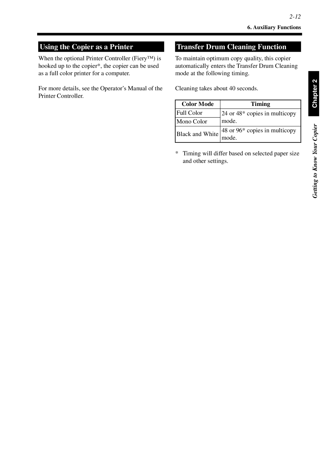 Minolta cf9001 manual Using the Copier as a Printer, Transfer Drum Cleaning Function, Color Mode Timing, Full Color 