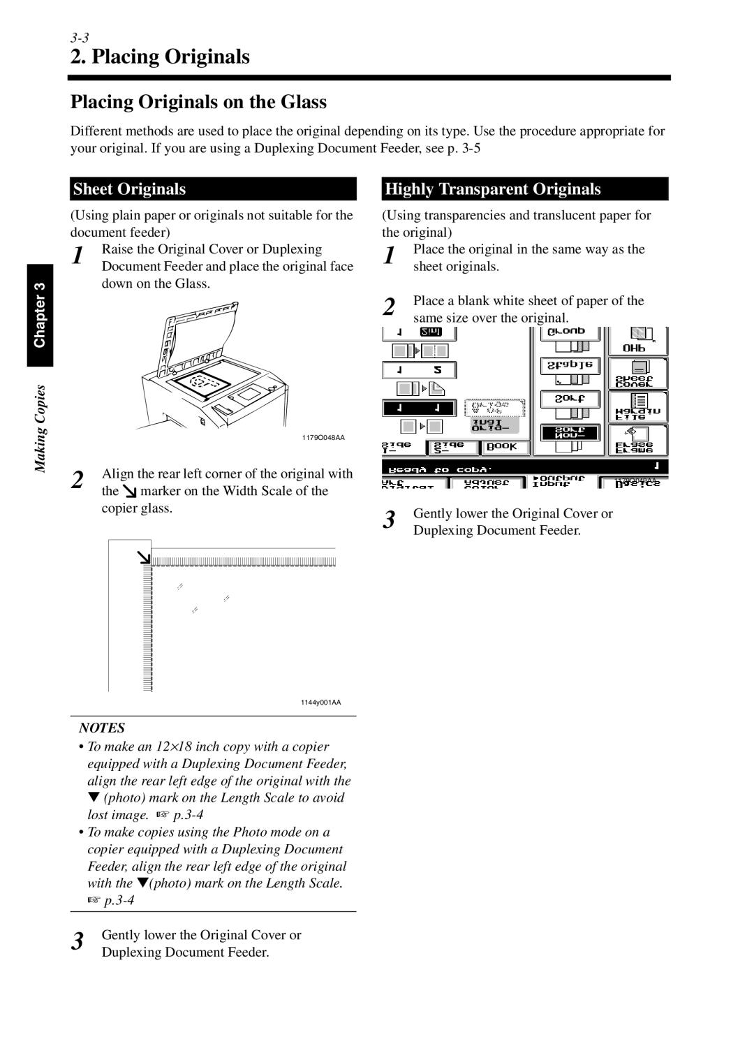 Minolta cf9001 manual Placing Originals on the Glass, Sheet Originals Highly Transparent Originals, Making 