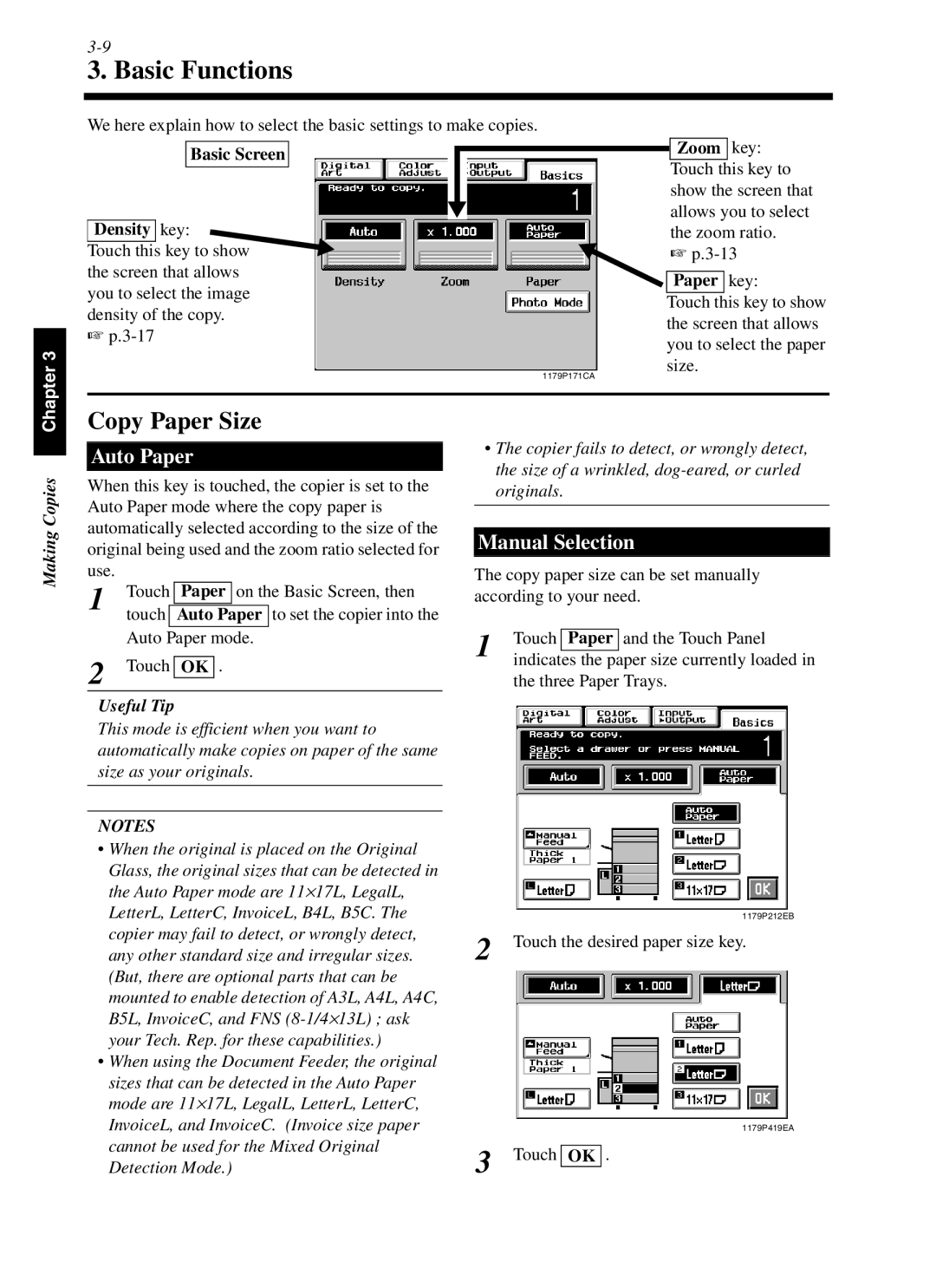 Minolta cf9001 manual Basic Functions, Copy Paper Size, Auto Paper, Manual Selection, Making Copies 