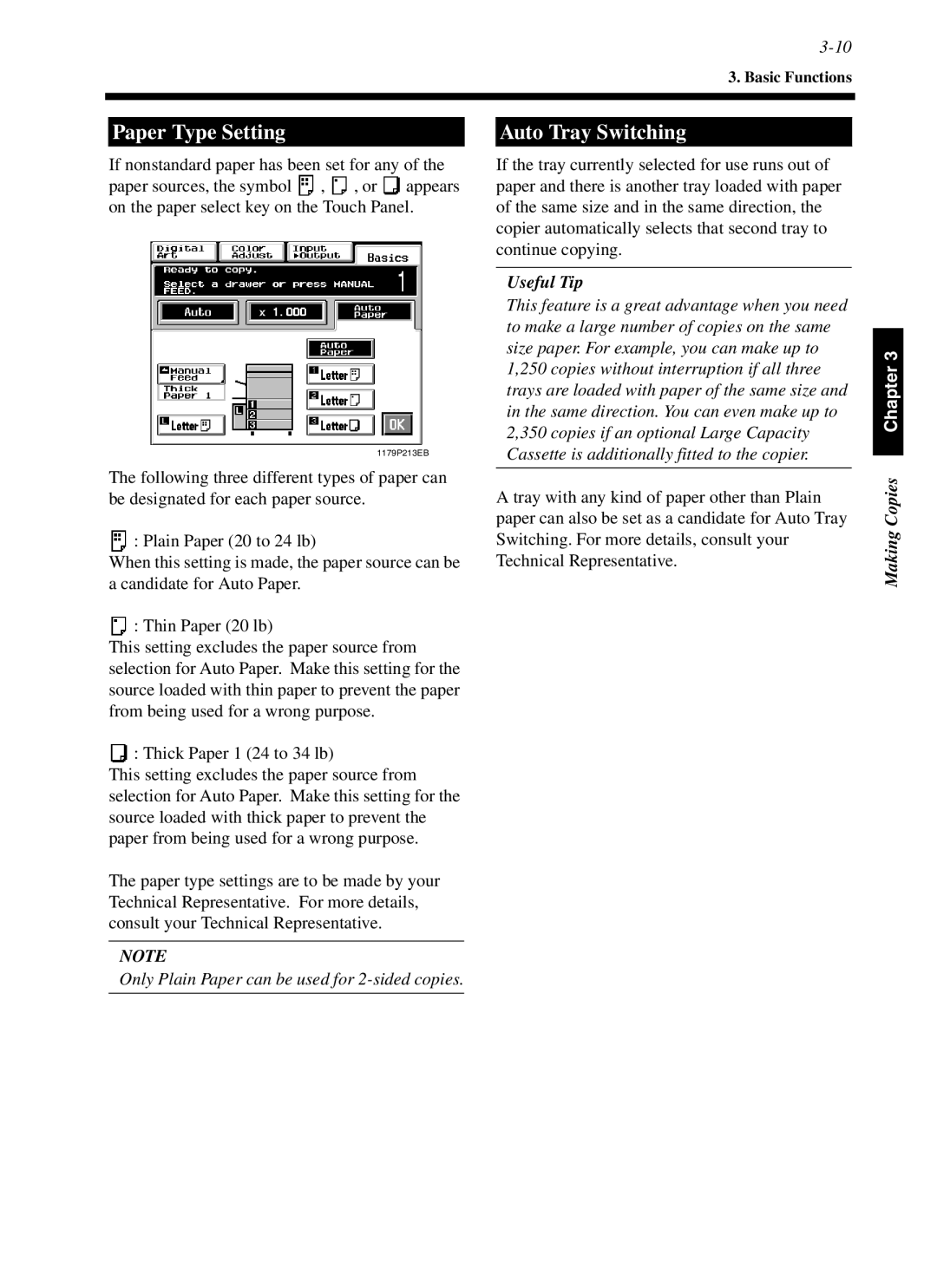 Minolta cf9001 manual Paper Type Setting Auto Tray Switching, Only Plain Paper can be used for 2-sided copies 