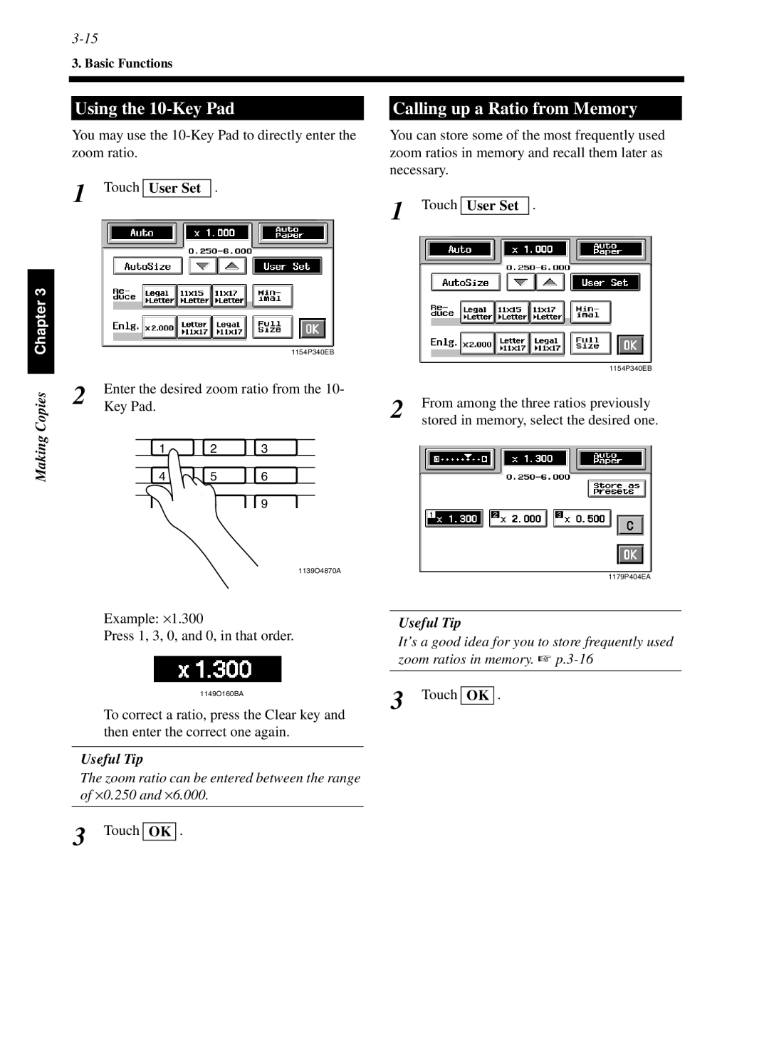 Minolta cf9001 manual Using the 10-Key Pad, Calling up a Ratio from Memory, Touch User Set 