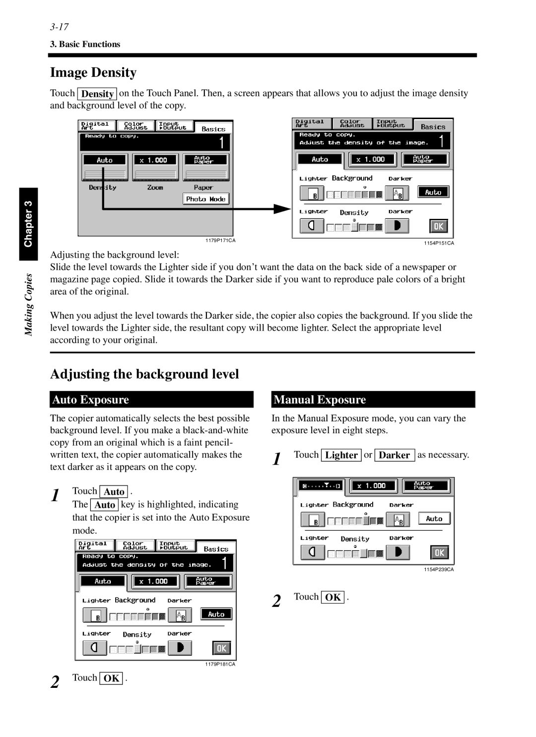 Minolta cf9001 manual Image Density, Adjusting the background level, Auto Exposure, Manual Exposure 