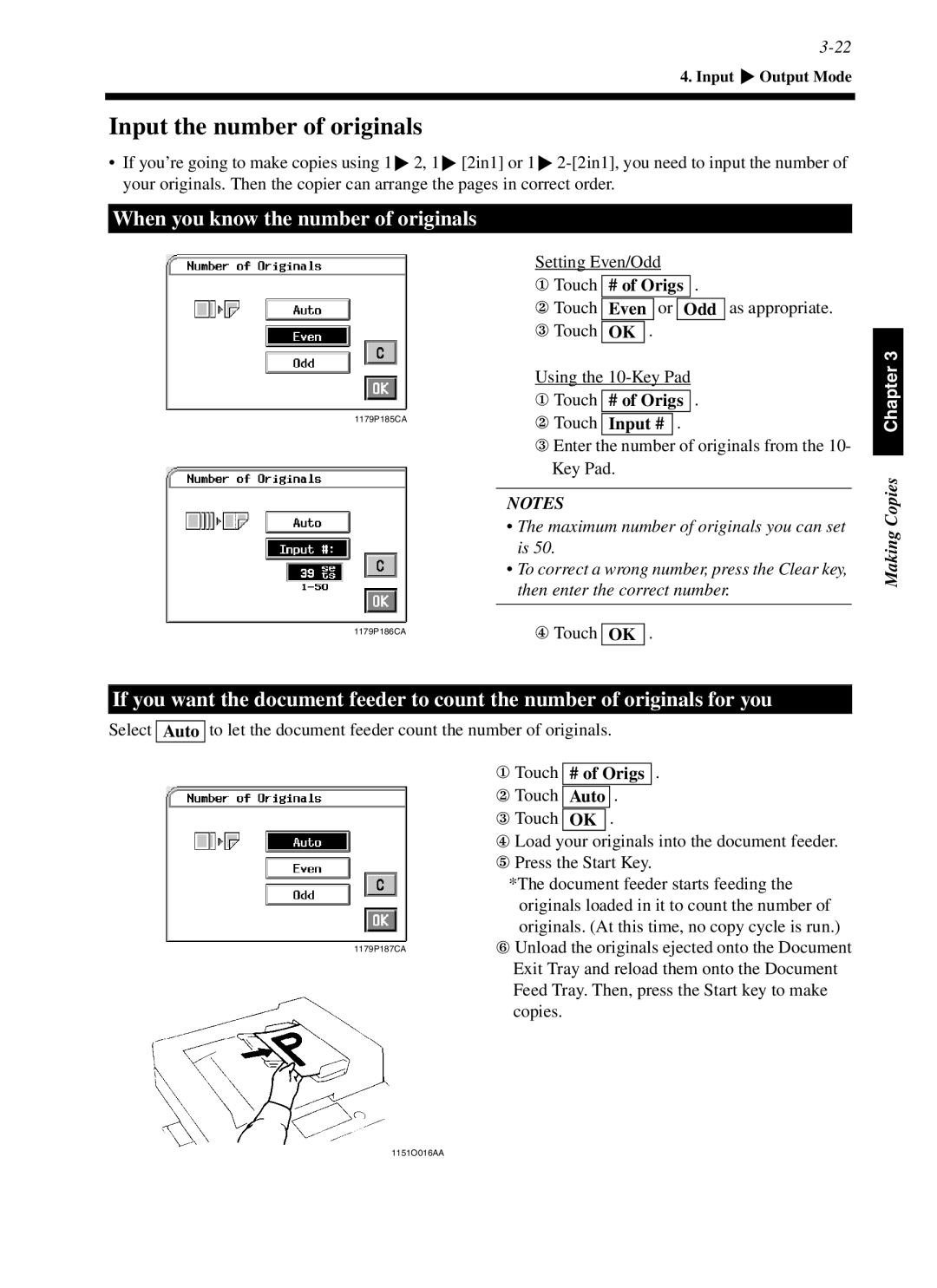 Minolta cf9001 manual Input the number of originals, When you know the number of originals, Even Odd, Input #, Auto 