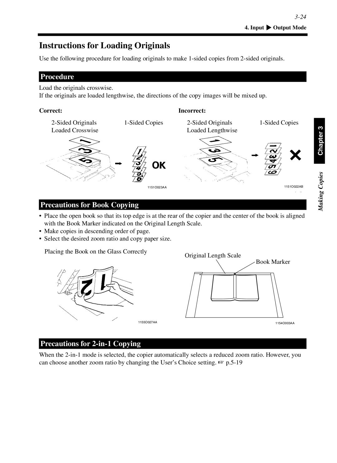 Minolta cf9001 Instructions for Loading Originals, Procedure, Precautions for Book Copying, Precautions for 2-in-1 Copying 