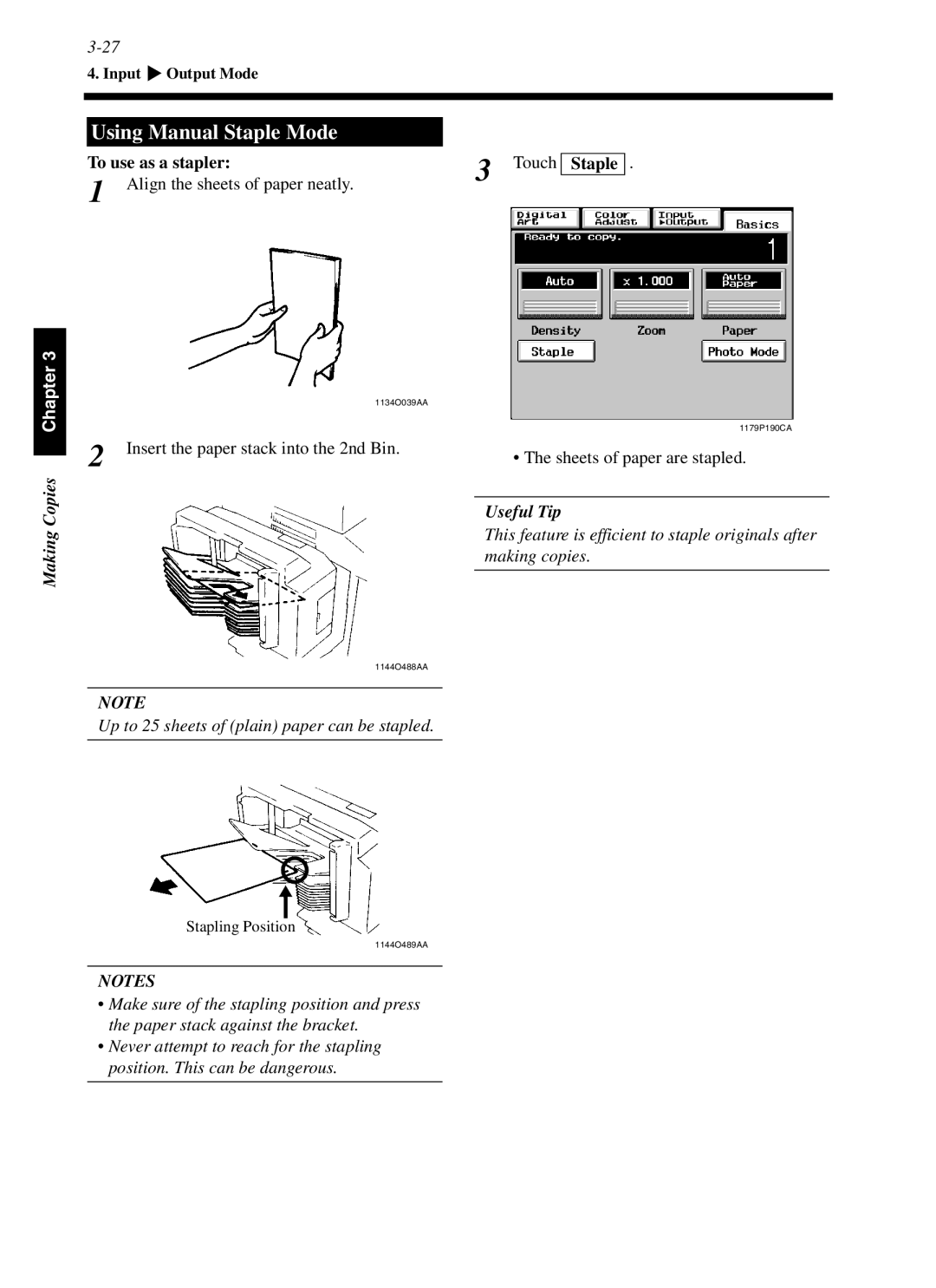 Minolta cf9001 manual Using Manual Staple Mode, To use as a stapler 