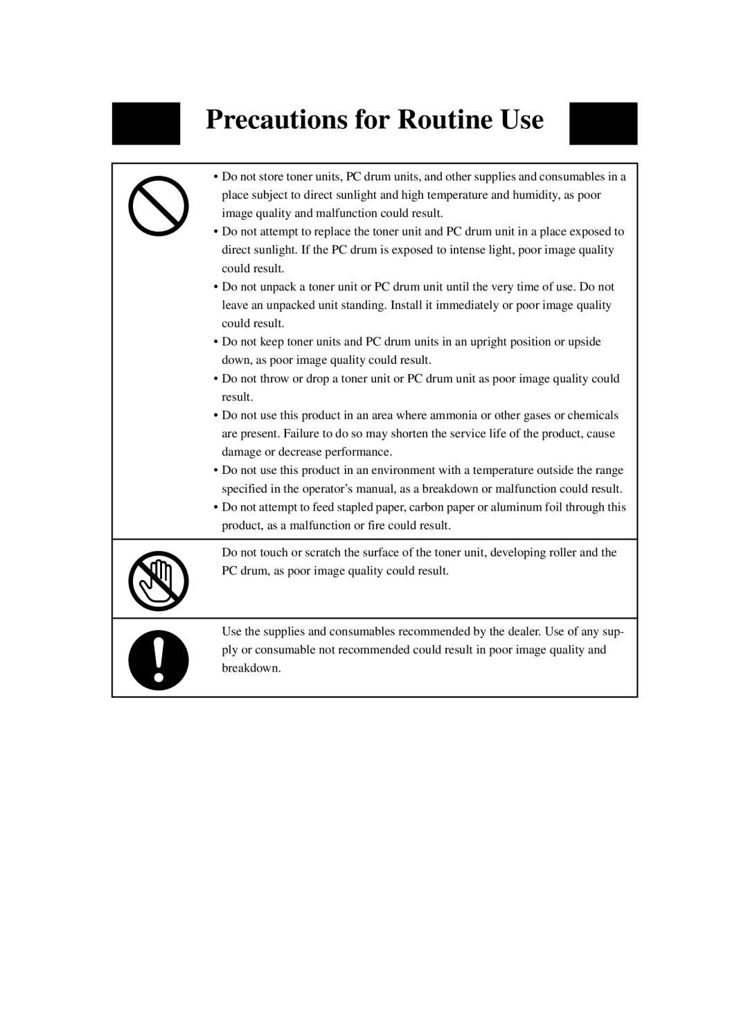 Minolta cf9001 manual Precautions for Routine Use 