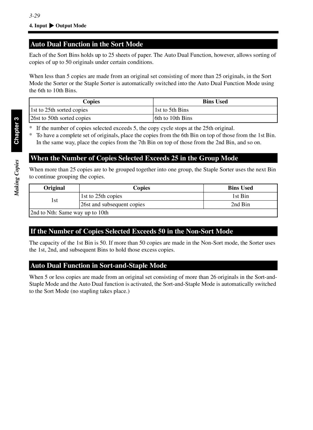 Minolta cf9001 manual Auto Dual Function in the Sort Mode, Auto Dual Function in Sort-and-Staple Mode, Copies Bins Used 