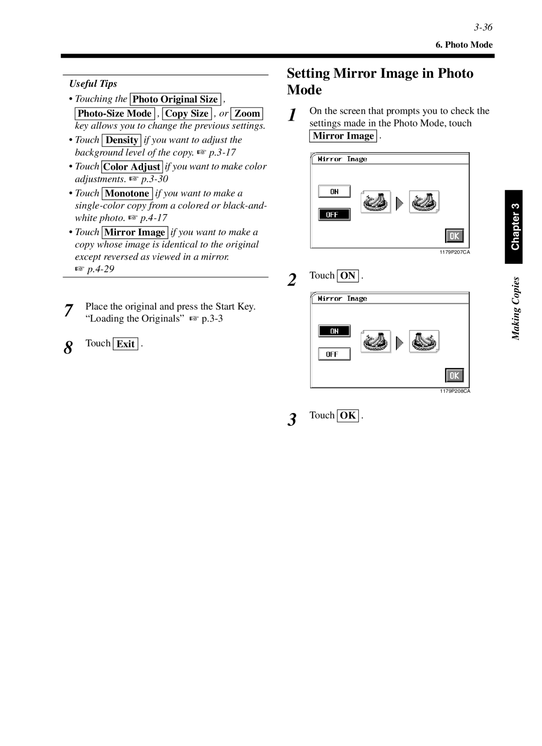 Minolta cf9001 Setting Mirror Image in Photo Mode, Loading the Originals p.3-3, Settings made in the Photo Mode, touch 