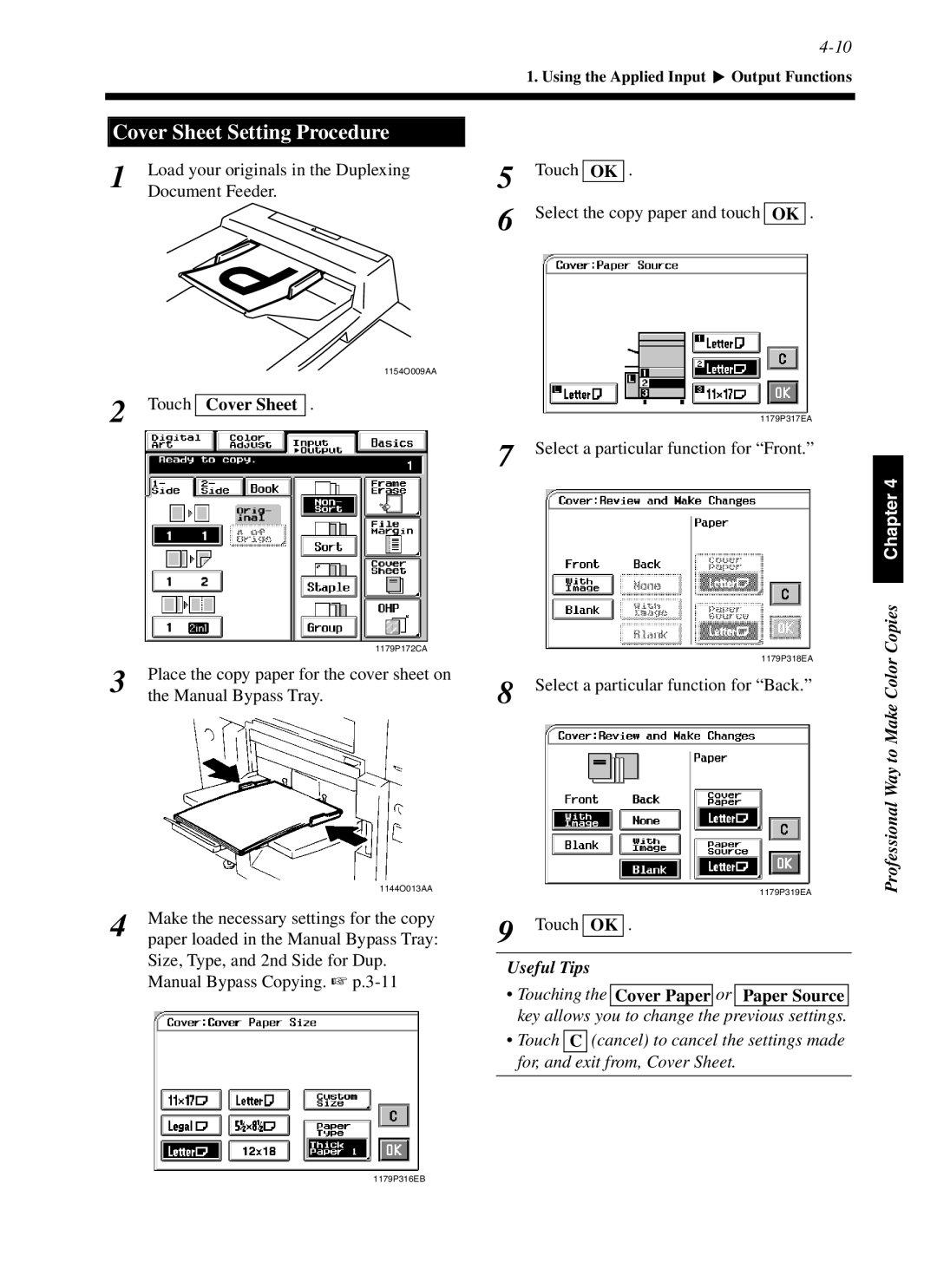 Minolta cf9001 Cover Sheet Setting Procedure, Load your originals in the Duplexing Document Feeder, Touch Cover Sheet 