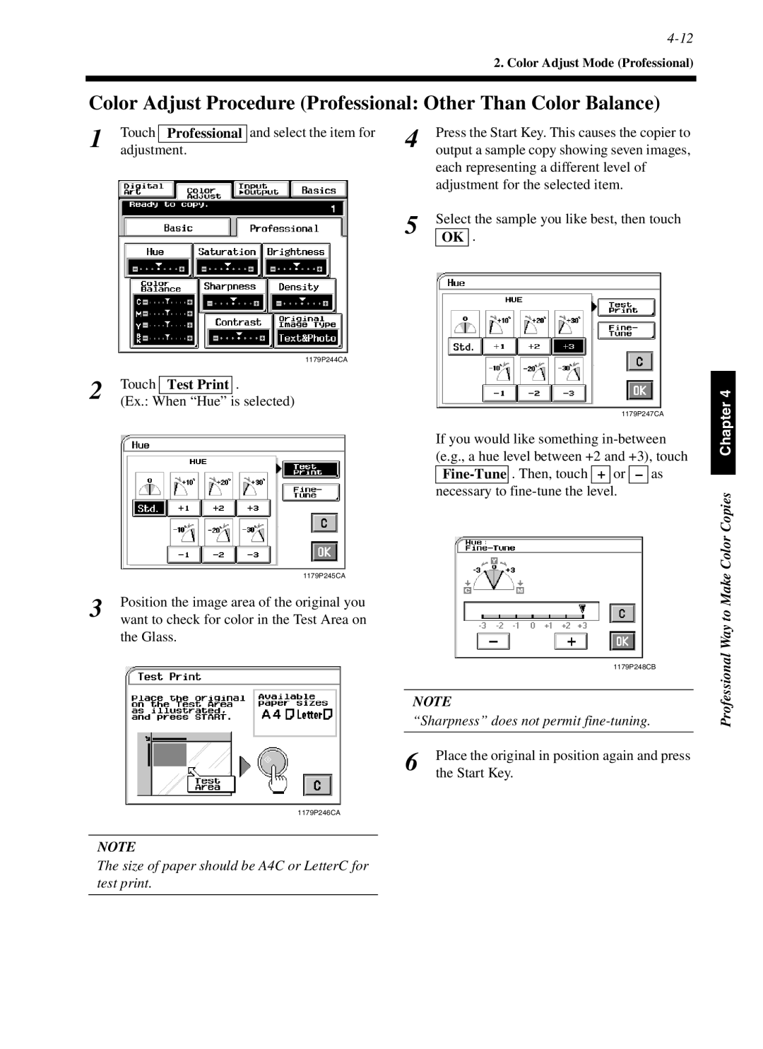 Minolta cf9001 manual Touch Professional, Adjustment Select the item for 