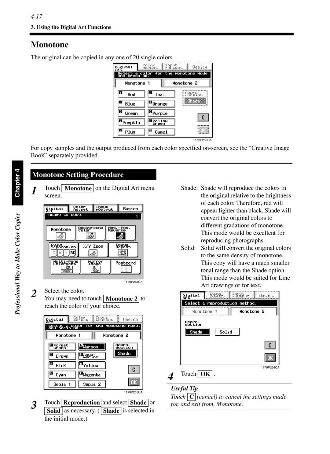 Minolta cf9001 manual Monotone Setting Procedure, Shade 