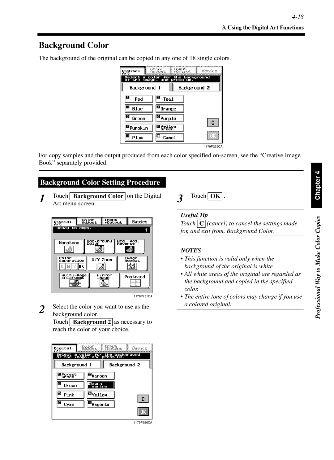 Minolta cf9001 manual Background Color Setting Procedure, Art menu screen, Background color 