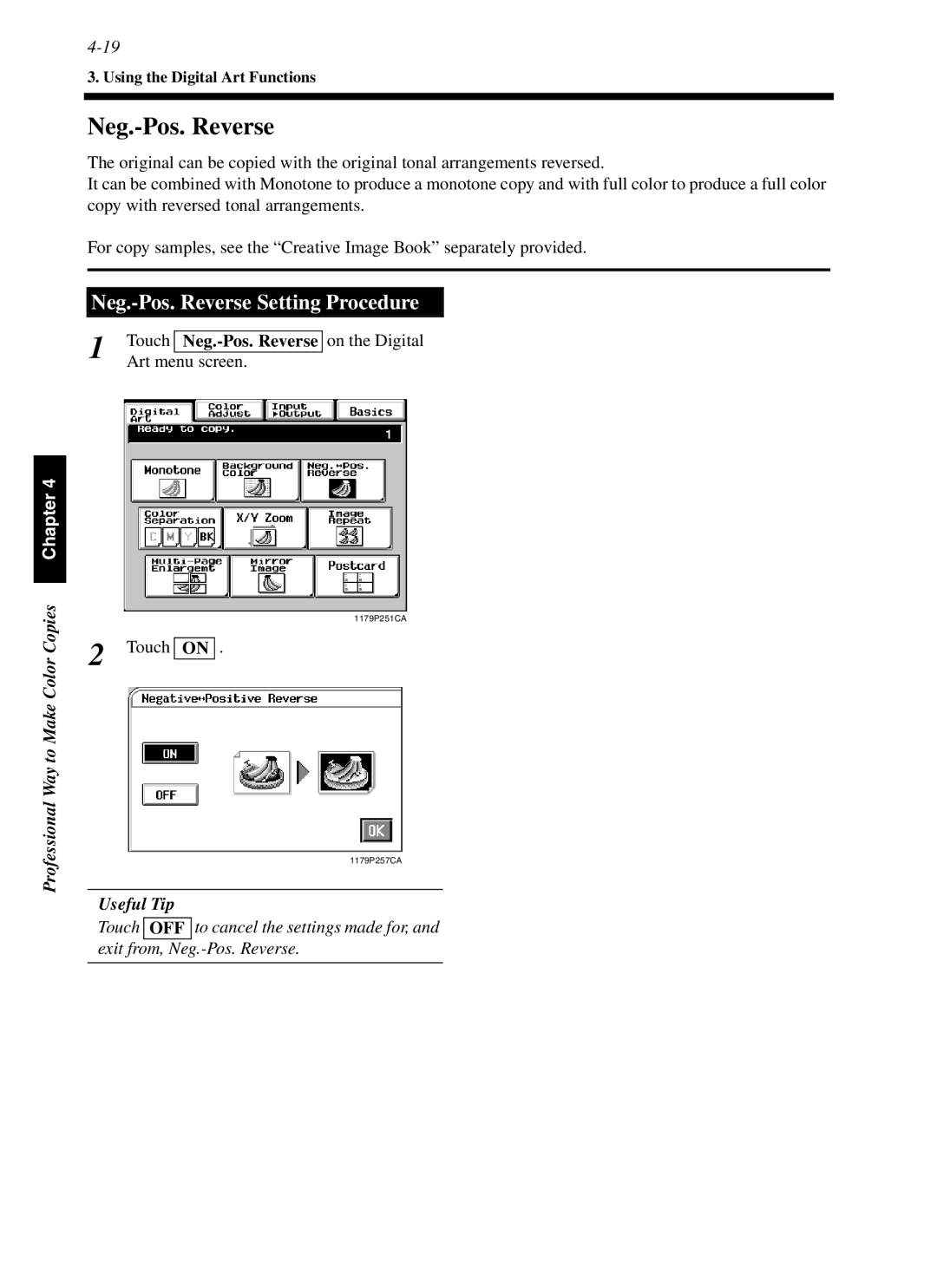 Minolta cf9001 manual Neg.-Pos. Reverse Setting Procedure, Art menu screen, On the Digital 