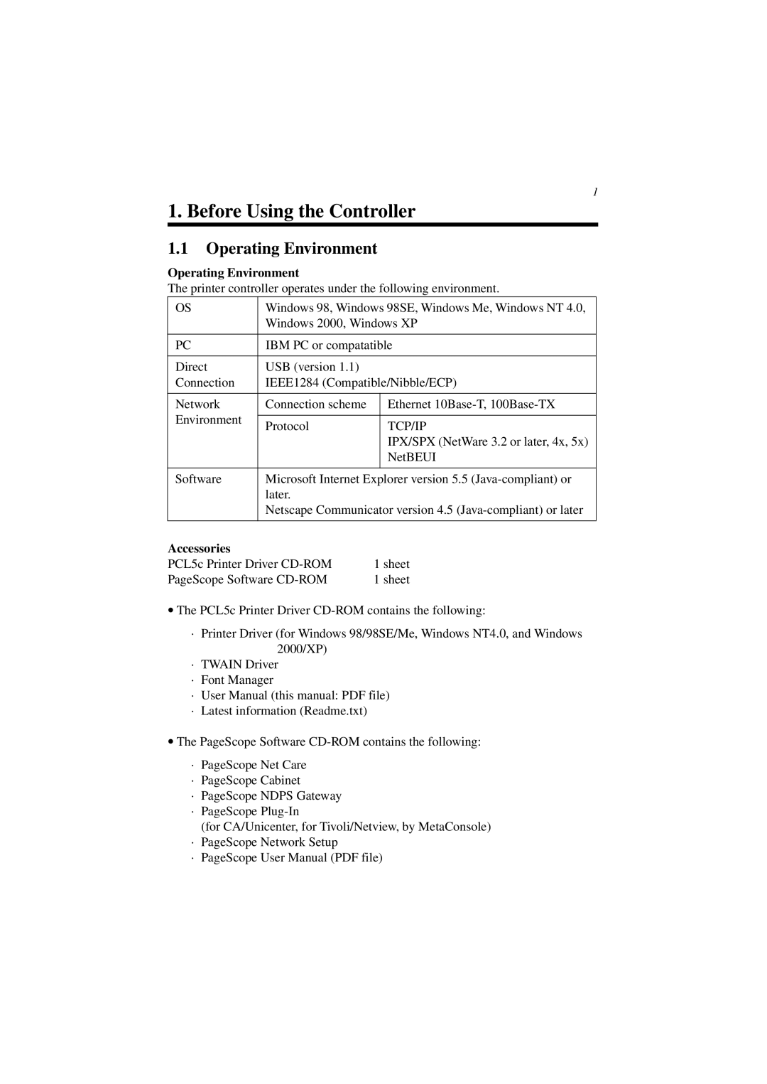 Minolta CN3101e user manual Operating Environment, Accessories 