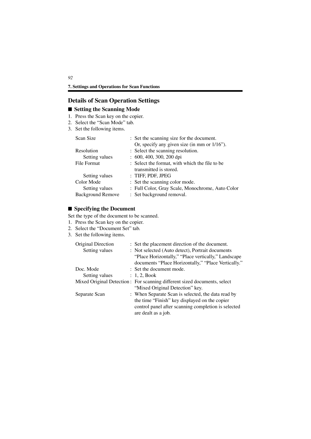 Minolta CN3101e user manual Details of Scan Operation Settings 