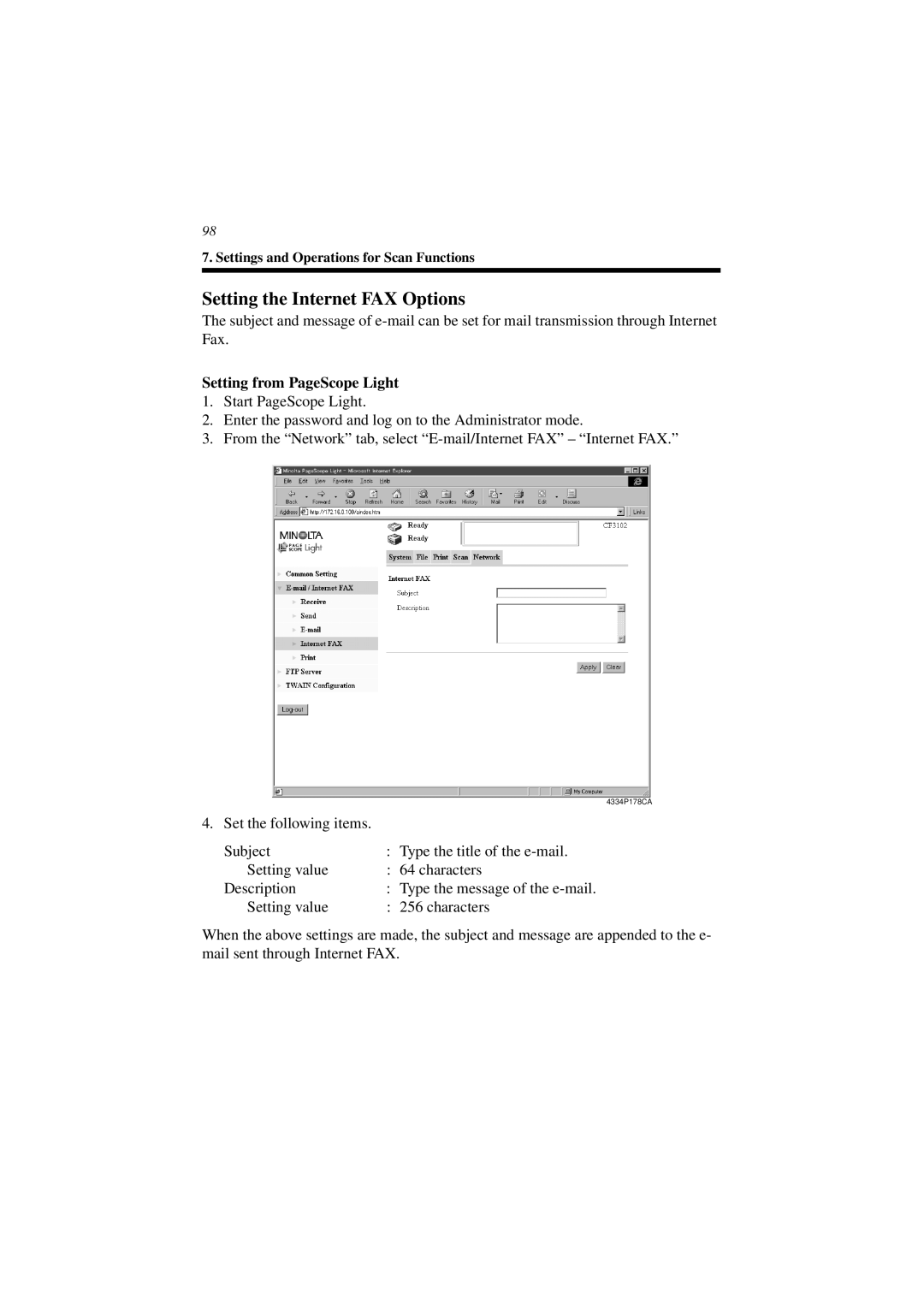 Minolta CN3101e user manual Setting the Internet FAX Options 