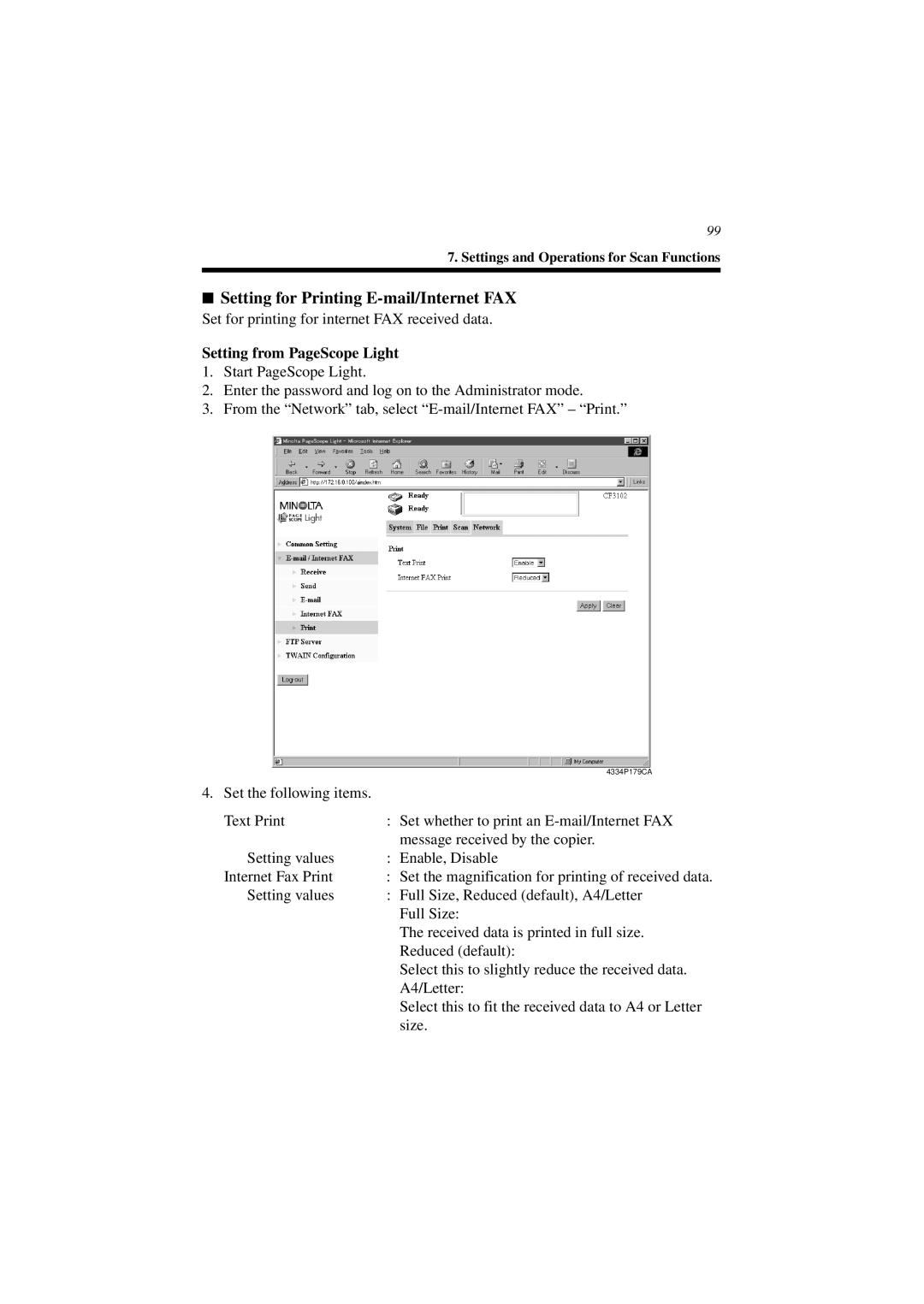 Minolta CN3101e user manual Setting for Printing E-mail/Internet FAX 