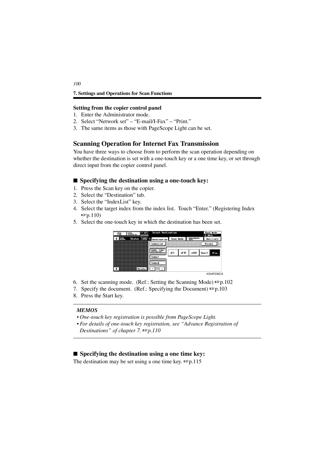 Minolta CN3101e user manual Scanning Operation for Internet Fax Transmission, Setting from the copier control panel 