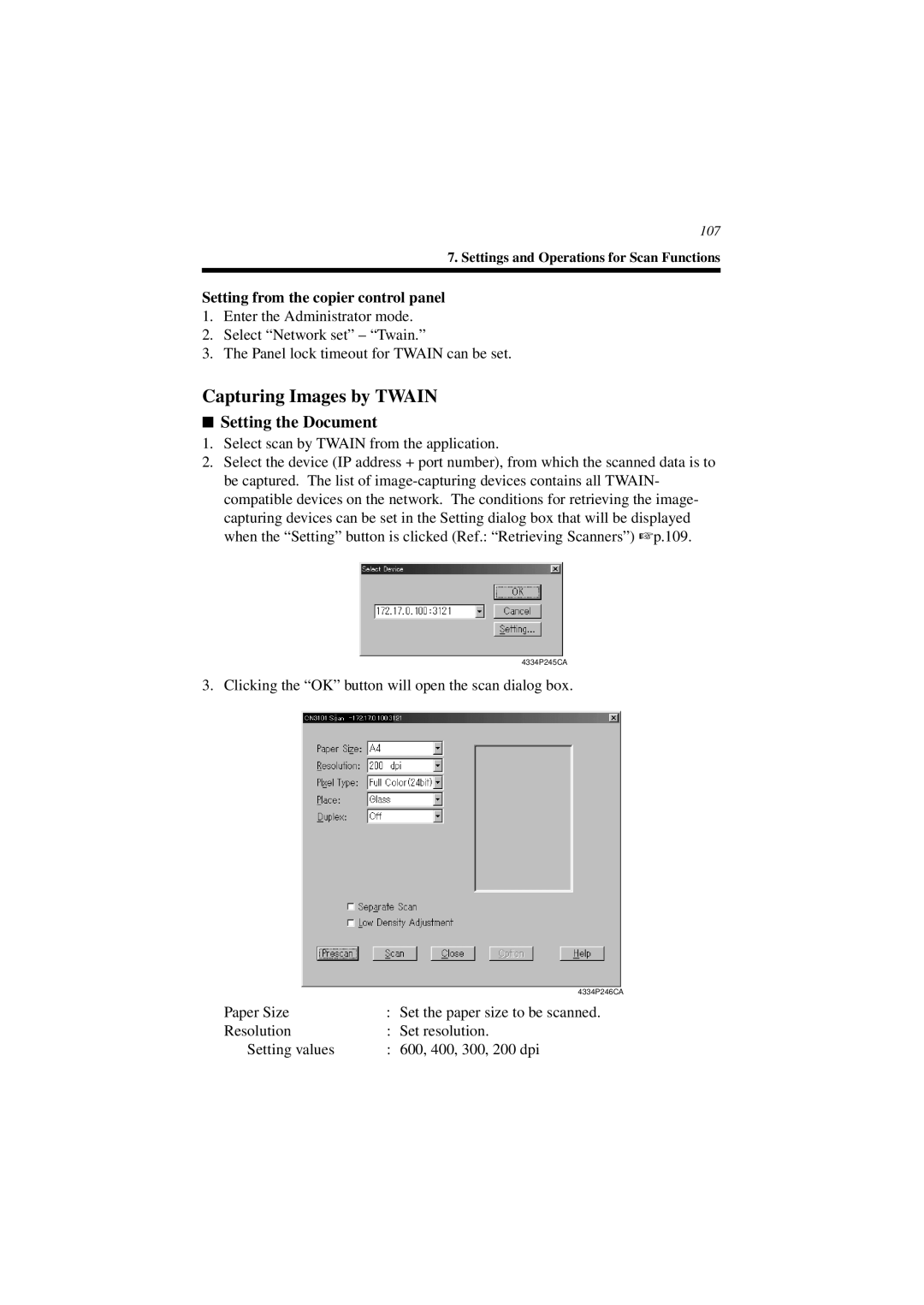 Minolta CN3101e user manual Capturing Images by Twain, Setting the Document 