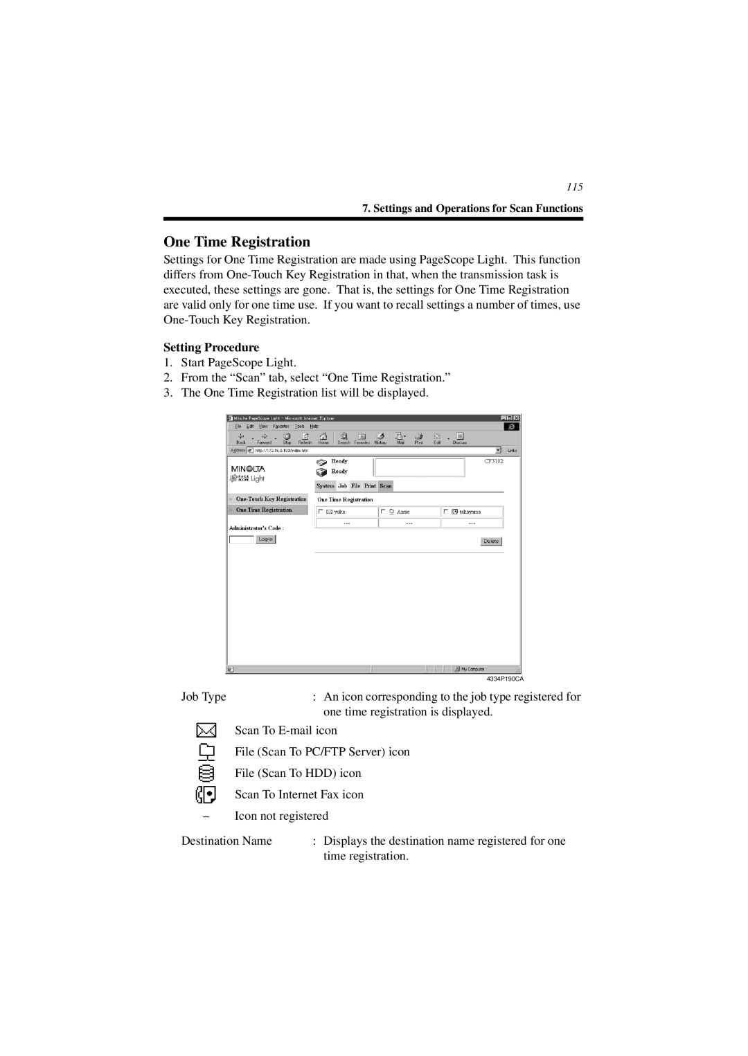 Minolta CN3101e user manual One Time Registration, Setting Procedure 