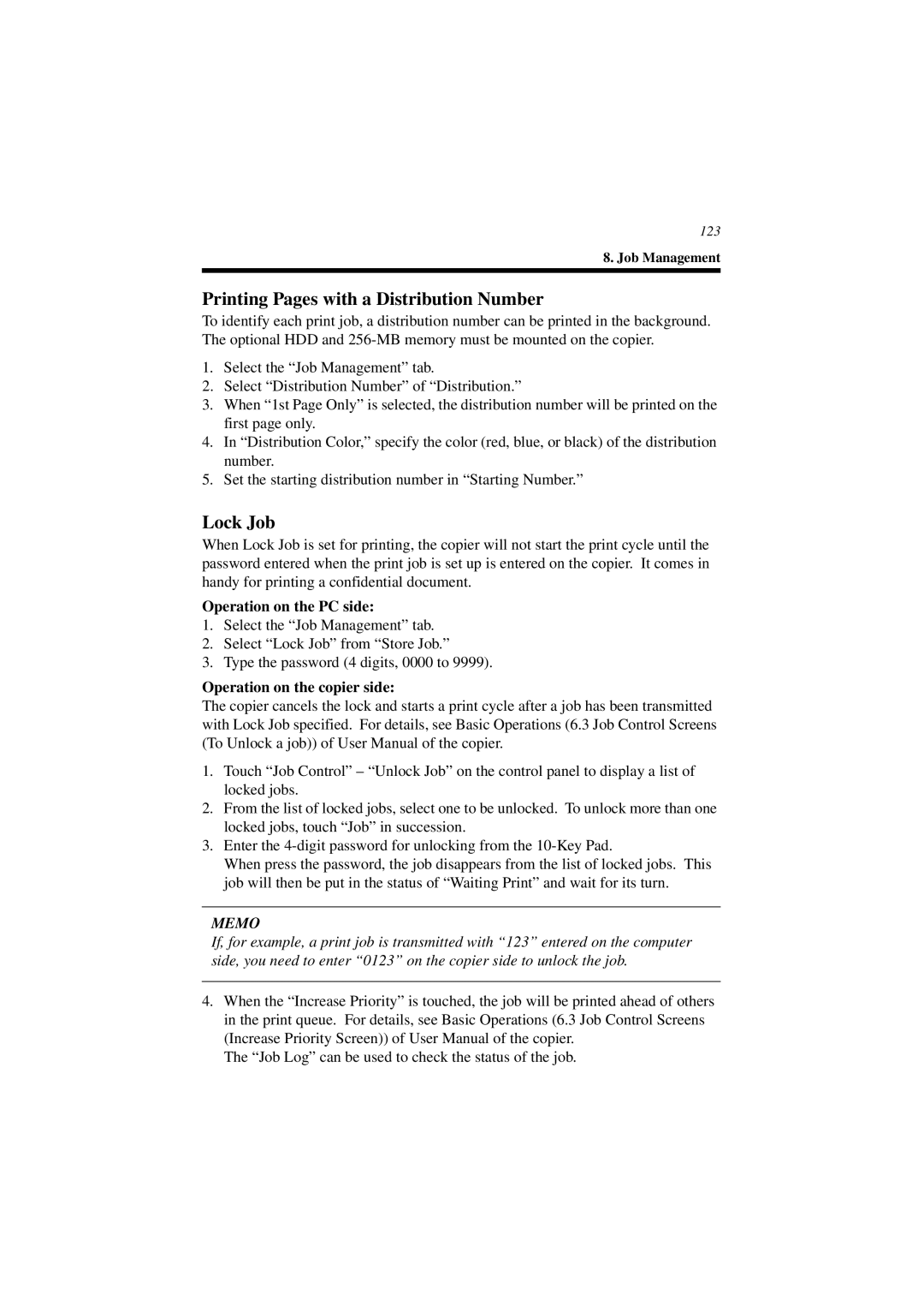 Minolta CN3101e user manual Printing Pages with a Distribution Number, Lock Job, Operation on the PC side 