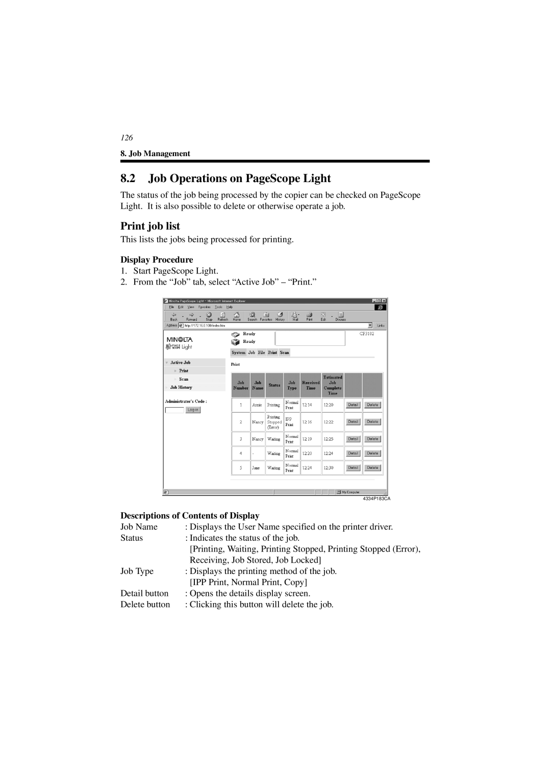 Minolta CN3101e Job Operations on PageScope Light, Print job list, Display Procedure, Descriptions of Contents of Display 