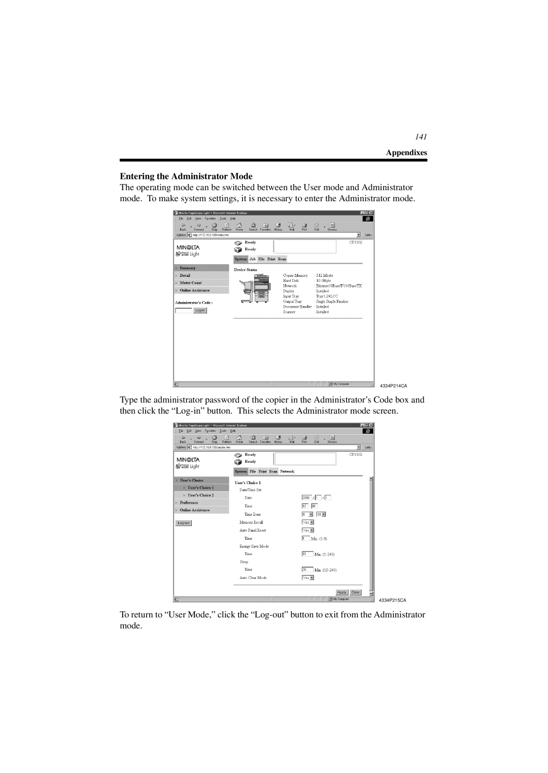 Minolta CN3101e user manual Entering the Administrator Mode 