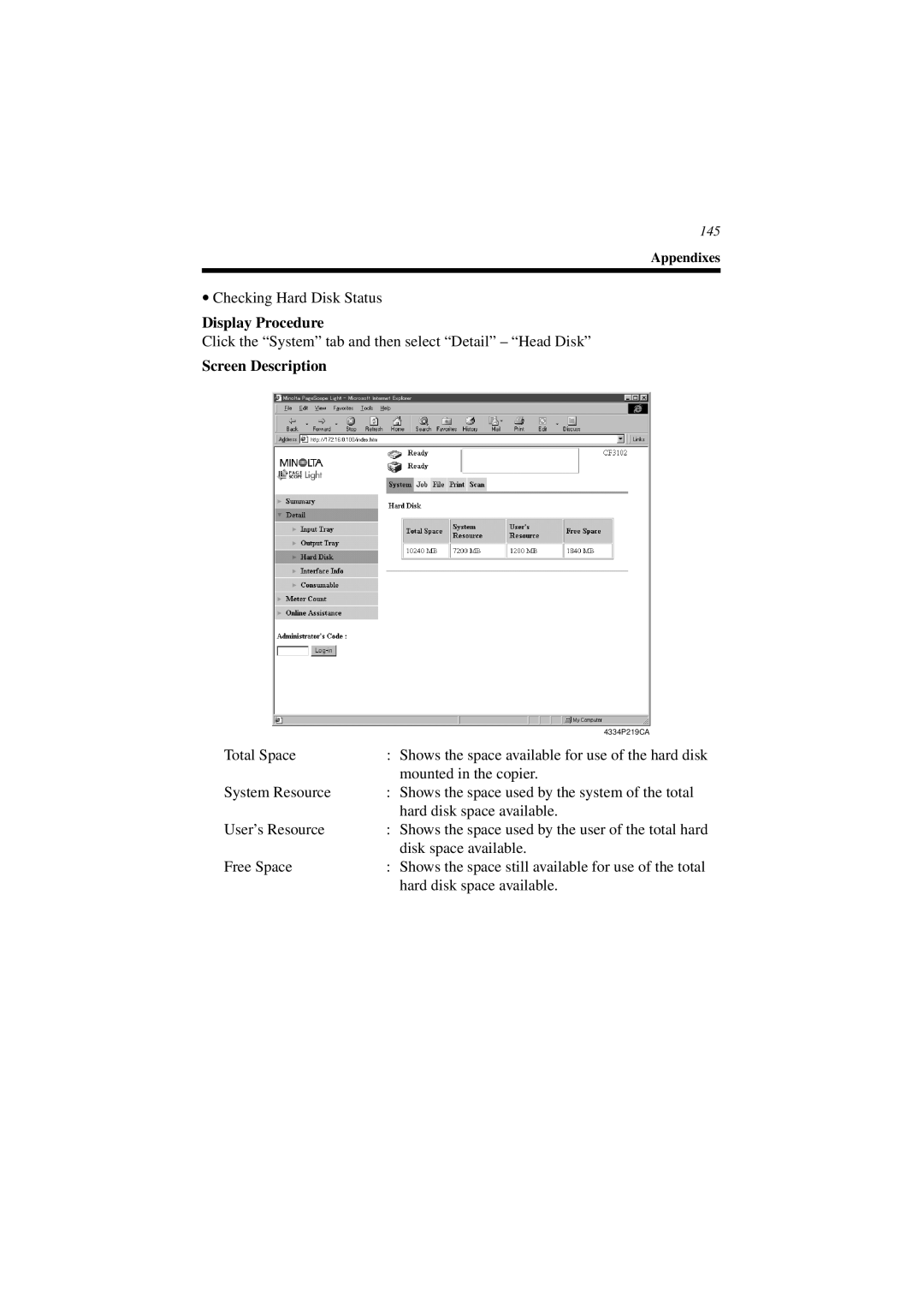 Minolta CN3101e user manual Checking Hard Disk Status 